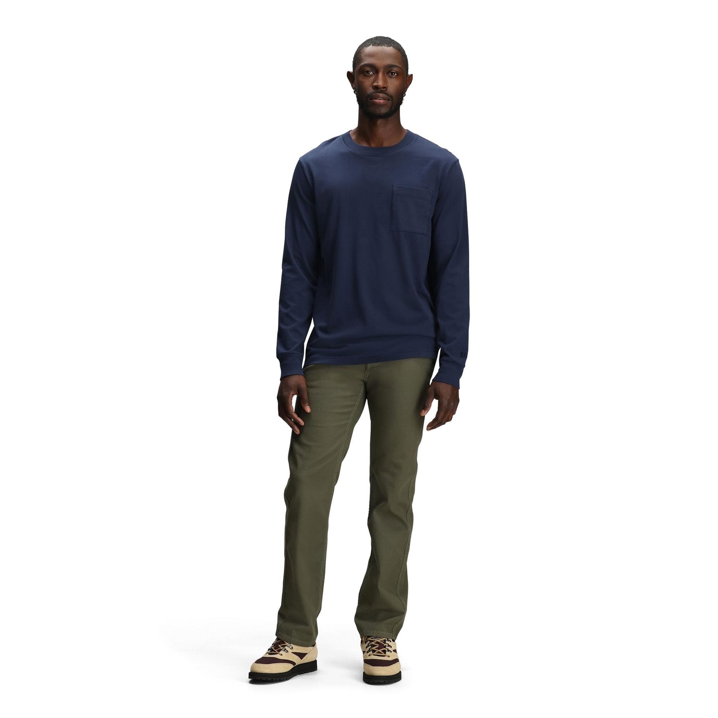 General front model shot of Topo Designs Dirt 5-Pocket Pants Classic - Men's in "Beetle"