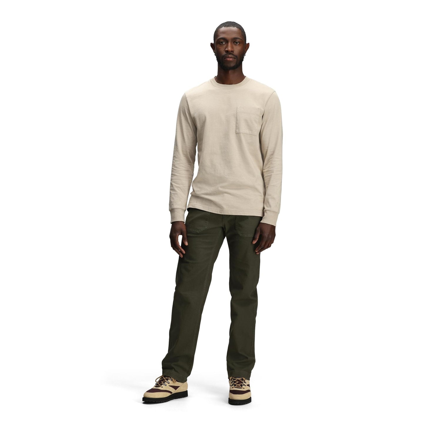 General front model shot of Topo Designs Field Pant - Men's in "Beetle"