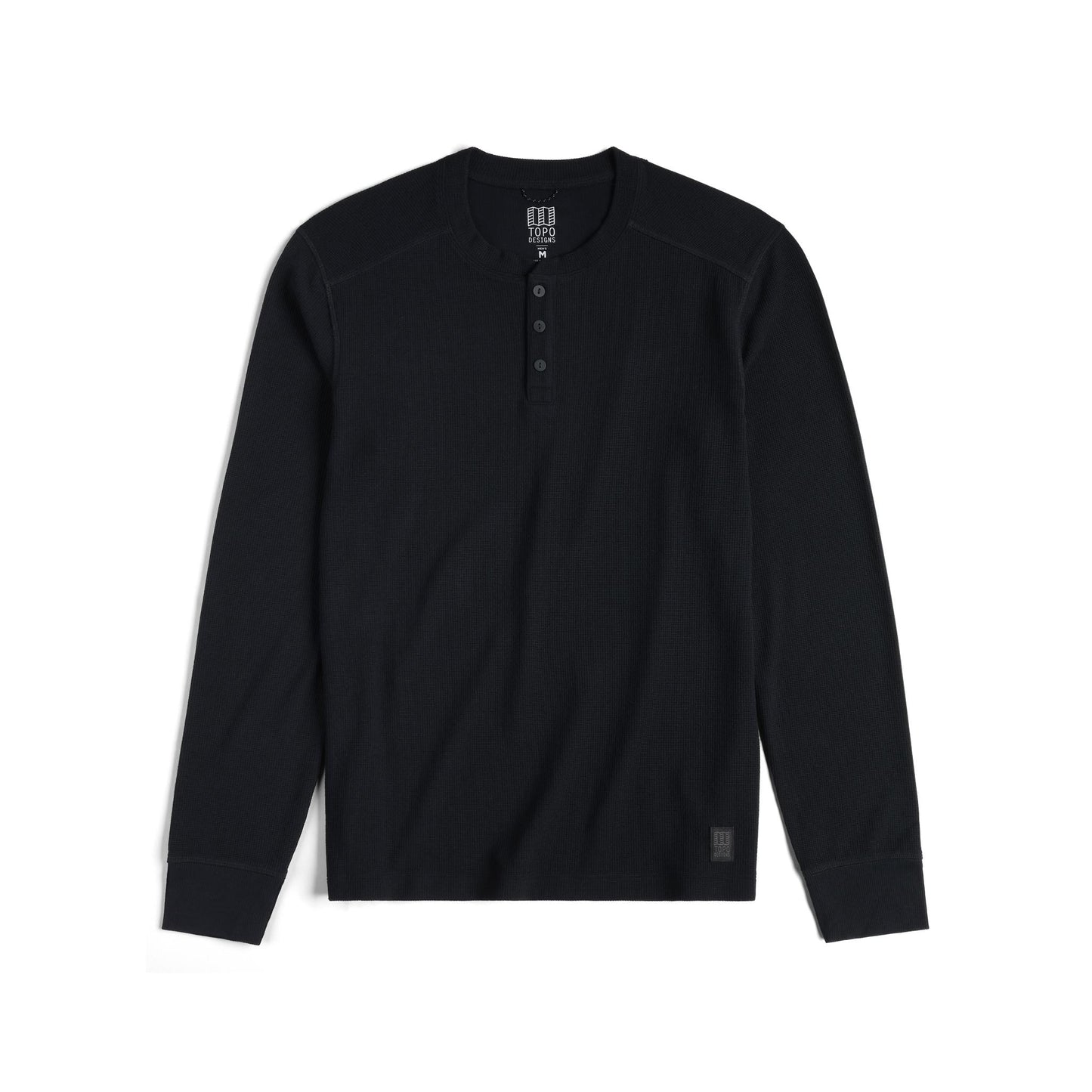 Front View of Topo Designs Global Waffle Henley - Men's in "Black"