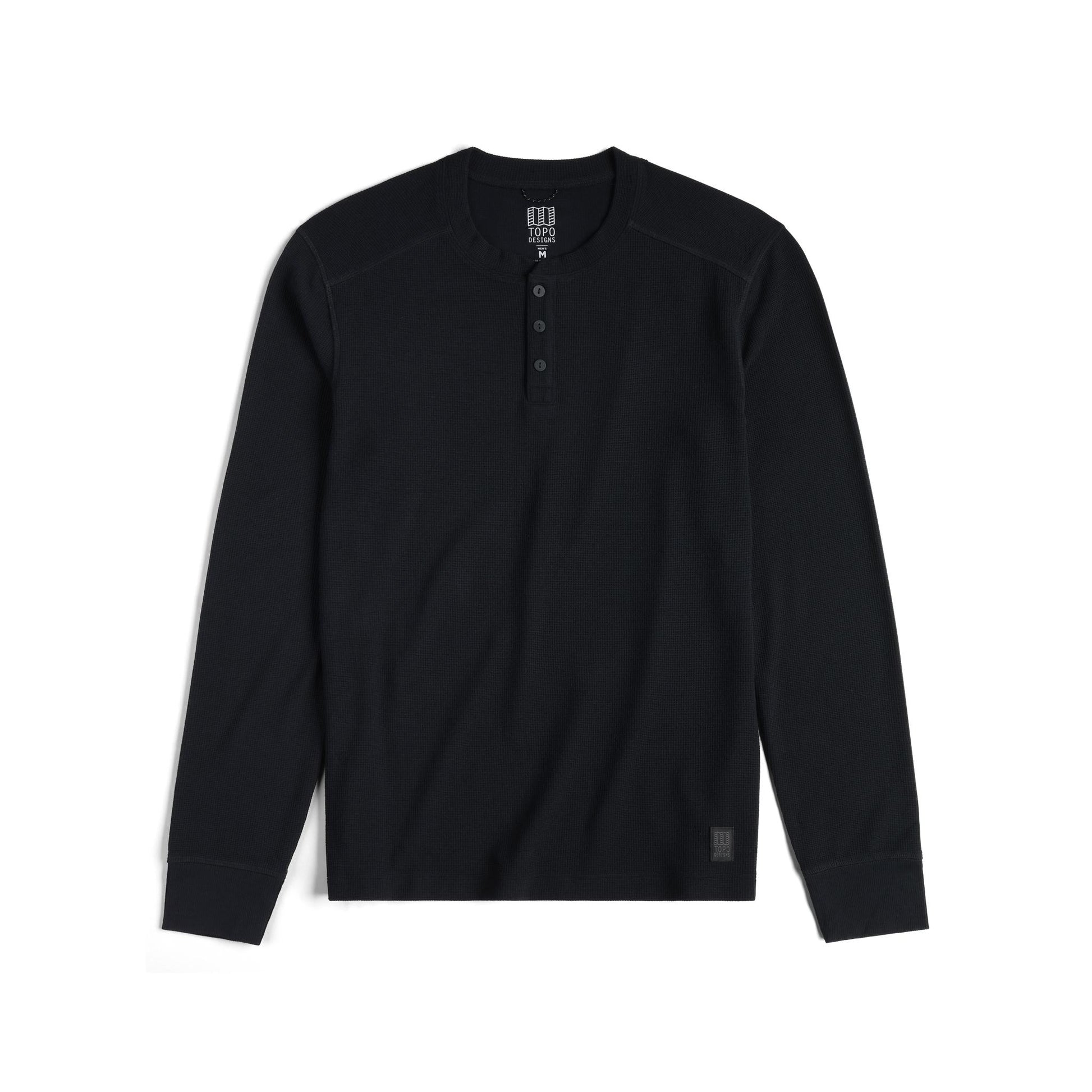 Front View of Topo Designs Global Waffle Henley - Men's in "Black"