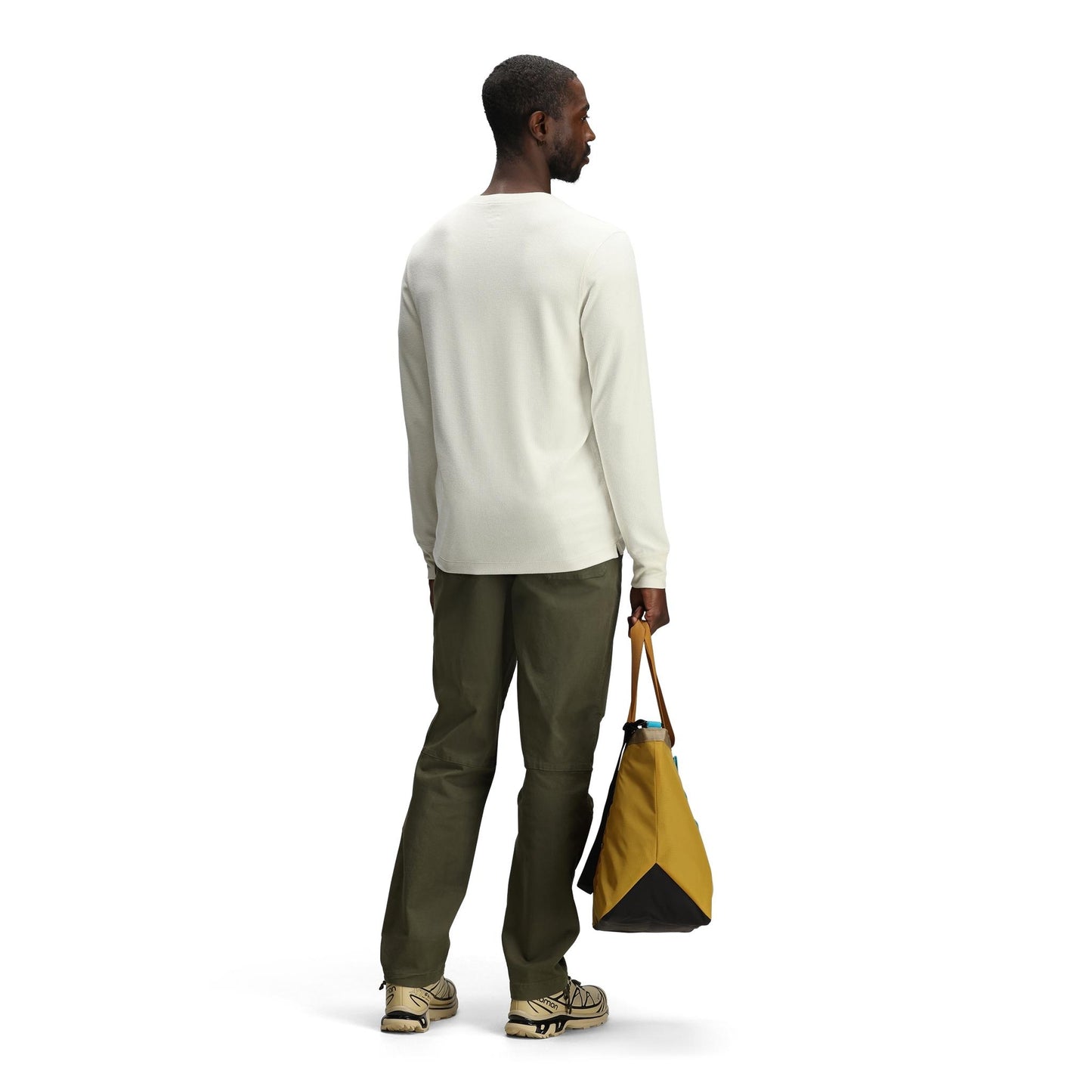 General back model shot of Topo Designs Global Waffle Henley - Men's in "Bone White"