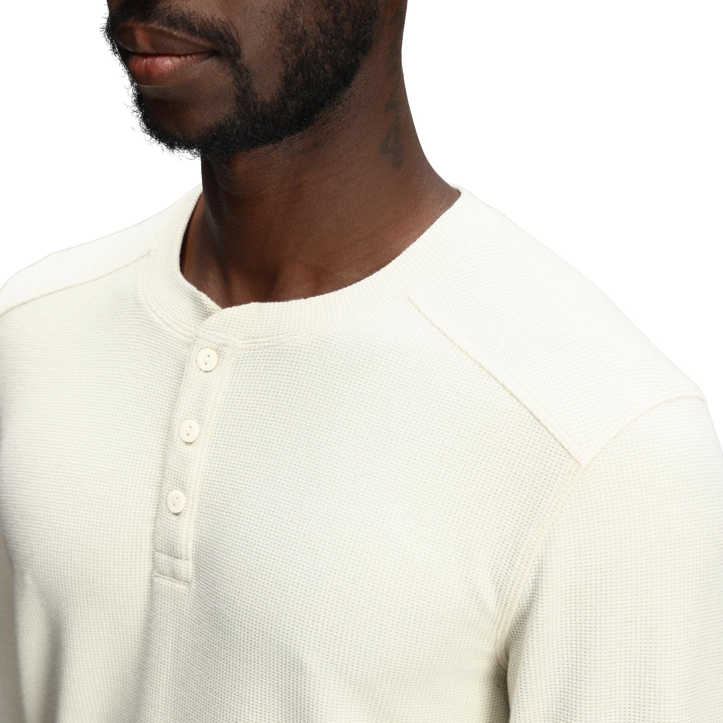 General Detail shot of Topo Designs Global Waffle Henley - Men's in "Bone White"