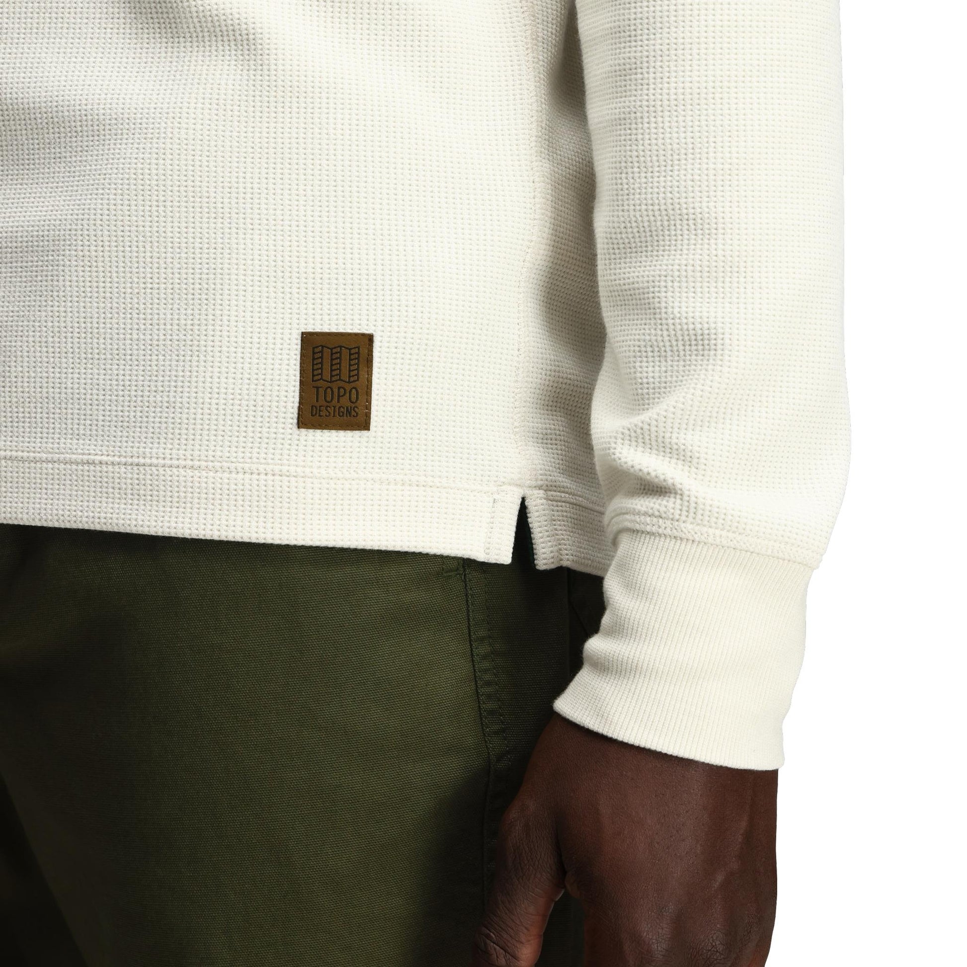 General Detail shot of Topo Designs Global Waffle Henley - Men's in "Bone White"