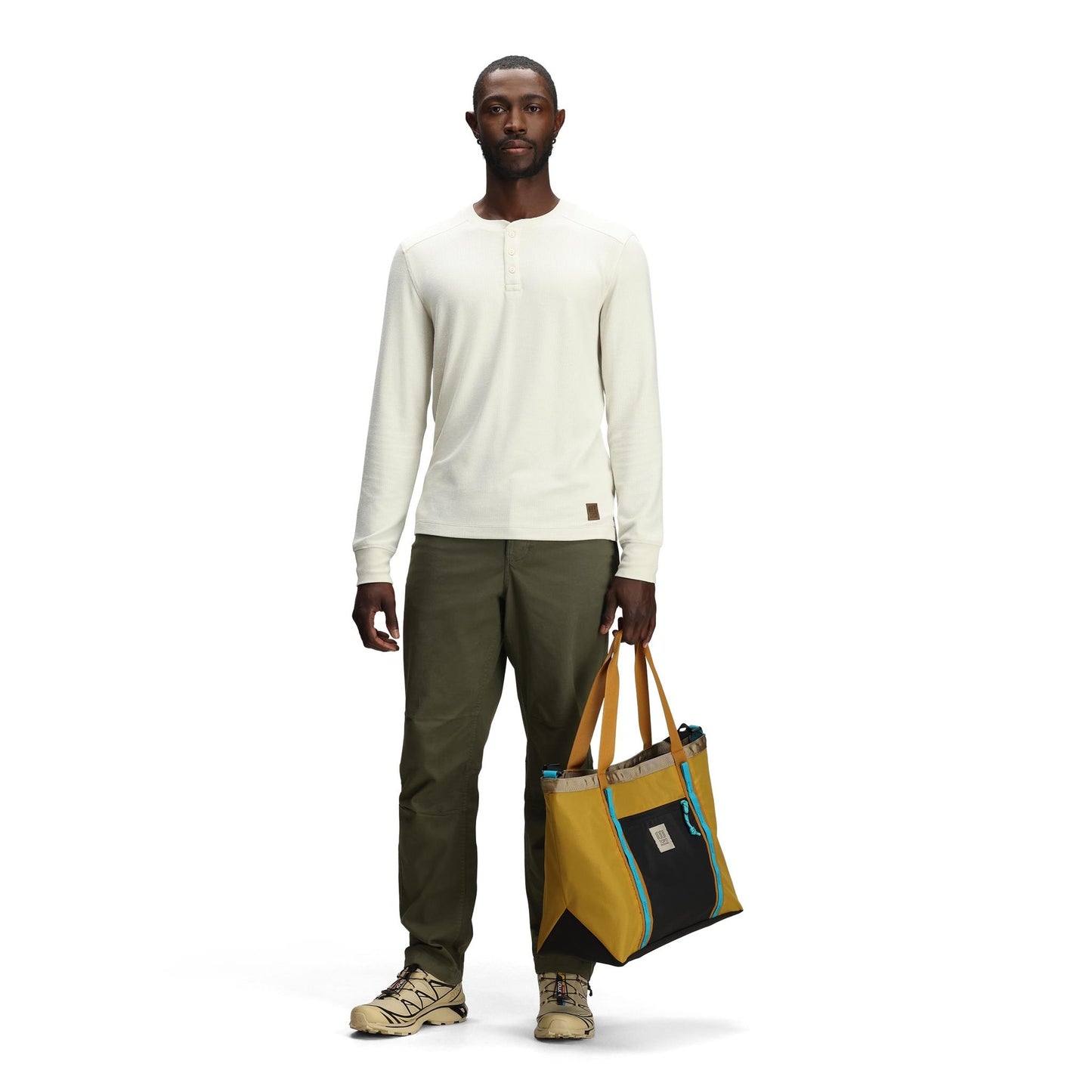 General front model shot of Topo Designs Global Waffle Henley - Men's in "Bone White"