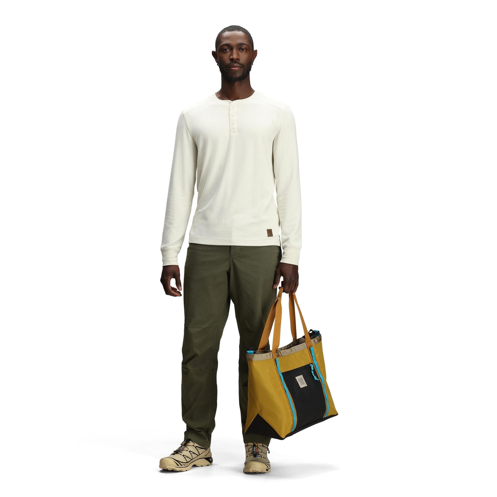 General front model shot of Topo Designs Global Waffle Henley - Men's in "Bone White"