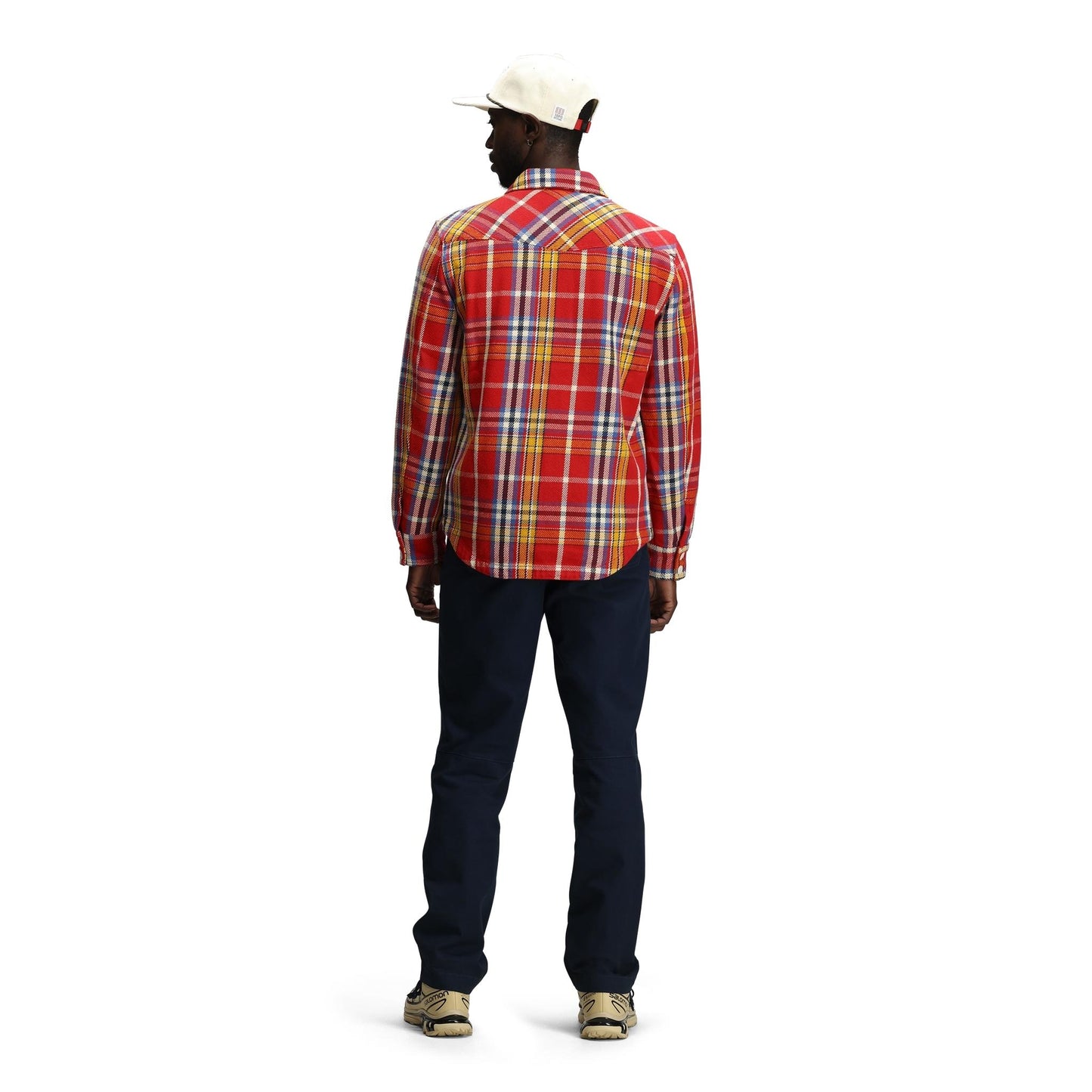General back model shot of Topo Designs Onlooker Twill Shirt Jacket - Men's in "Salsa / Bone White Multi"