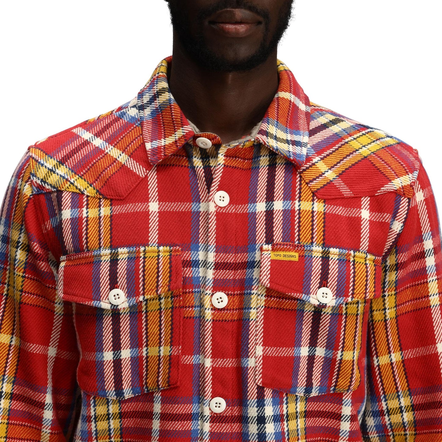 General Detail shot of Topo Designs Onlooker Twill Shirt Jacket - Men's in "Salsa / Bone White Multi"