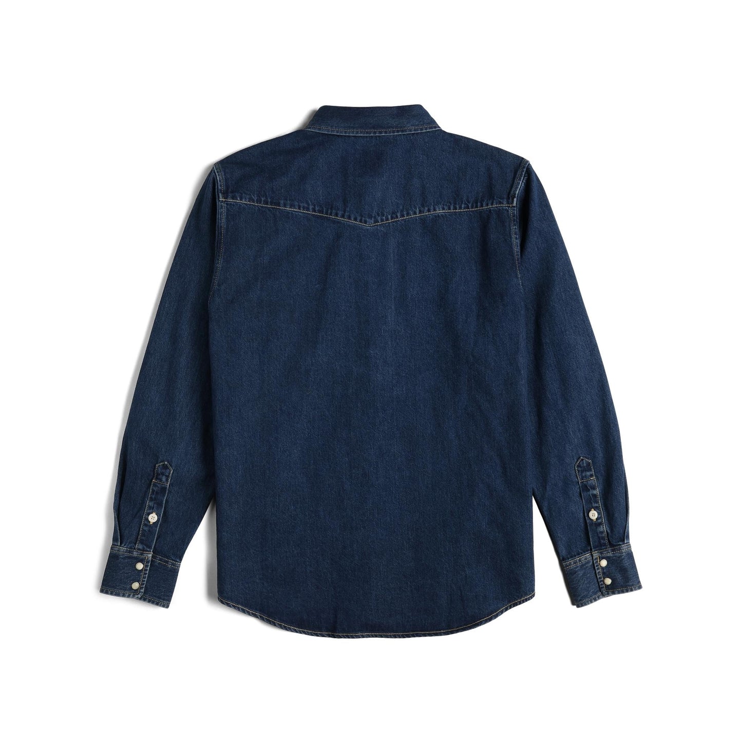 Back View of Topo Designs Mountain Shirt Long Sleeve Denim - Men's in "Dark Denim"