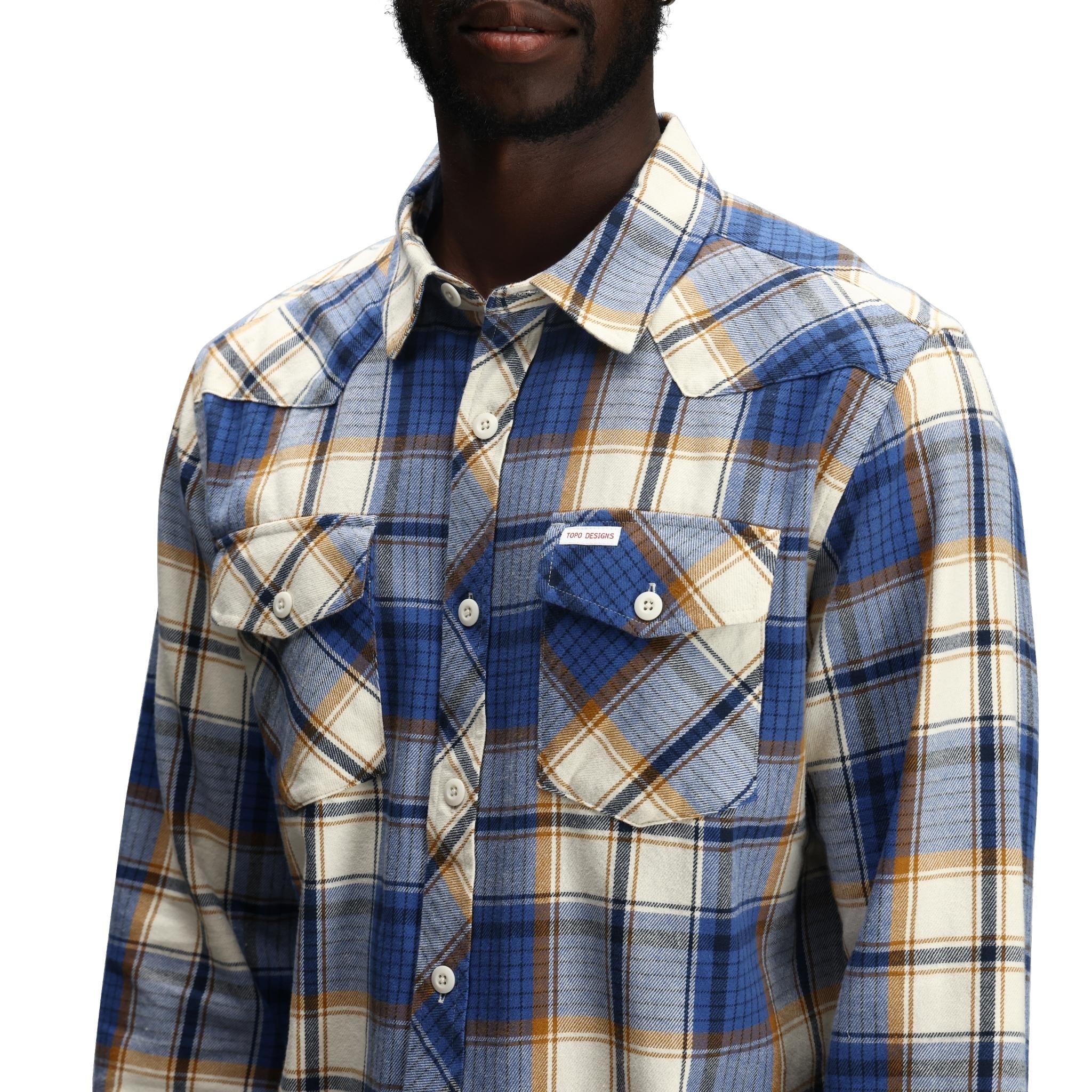 General Detail shot of Topo Designs Mountain Shirt Long Sleeve - Men's in "Midnight / Cobalt Multi"