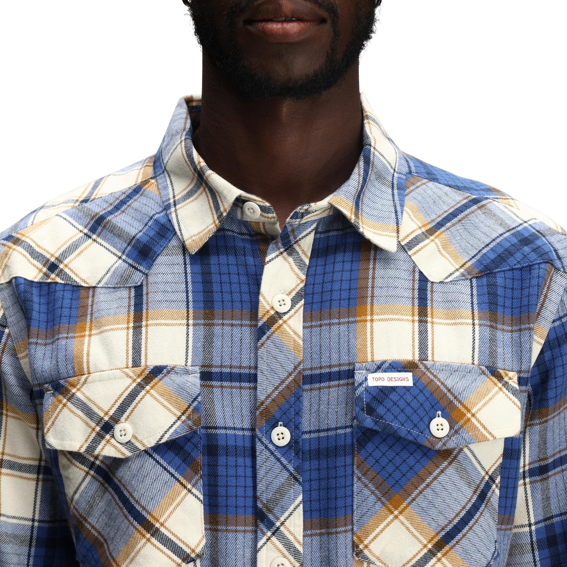 General Detail shot of Topo Designs Mountain Shirt Long Sleeve - Men's in "Midnight / Cobalt Multi"