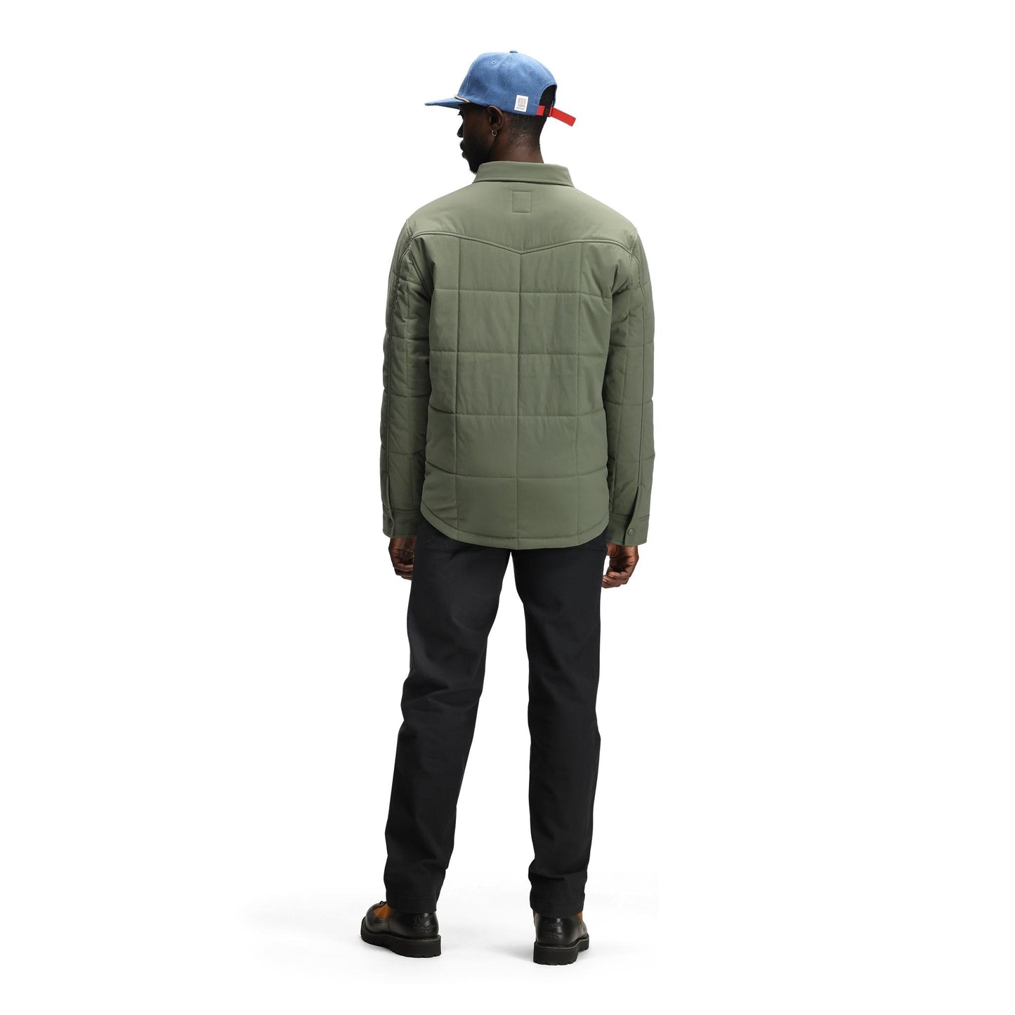 General back model shot of Topo Designs Puffer Shirt Jacket - Men's in "Beetle"