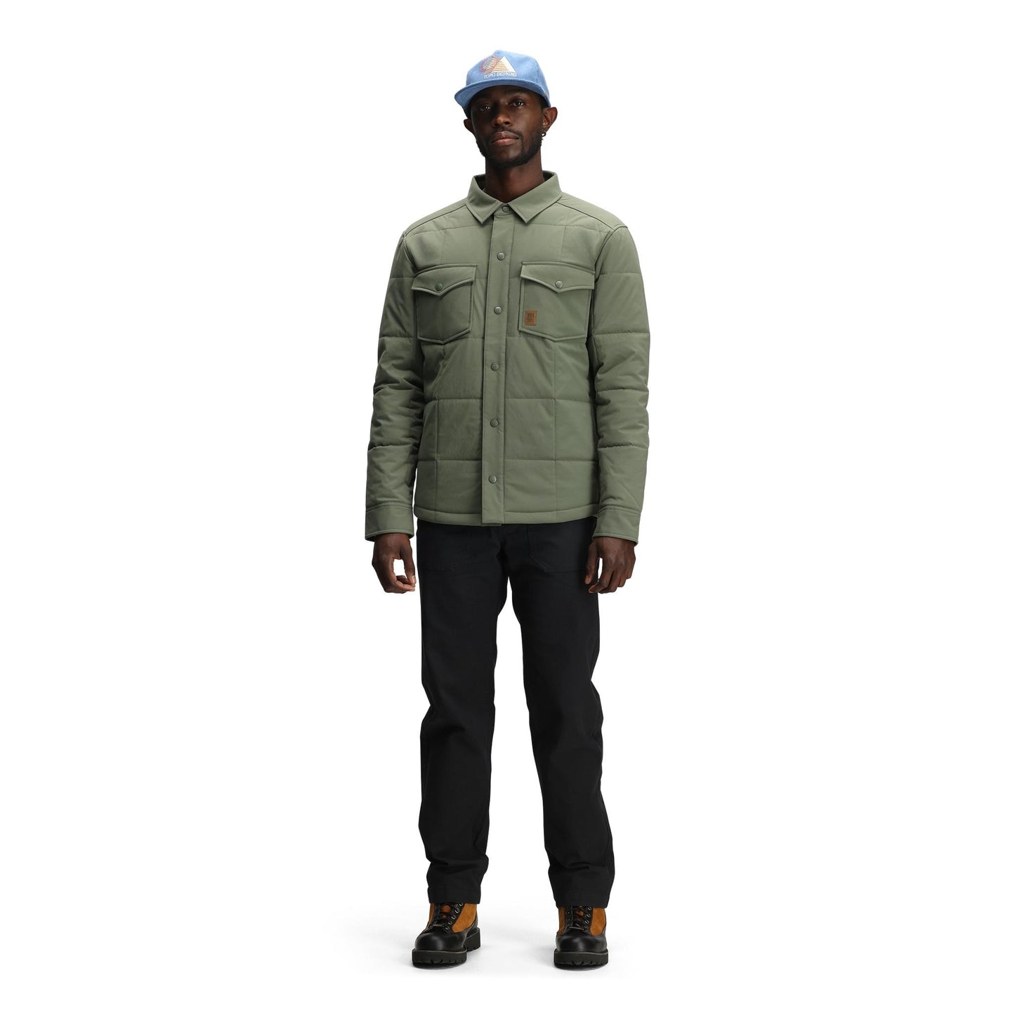 General front model shot of Topo Designs Puffer Shirt Jacket - Men's in "Beetle"