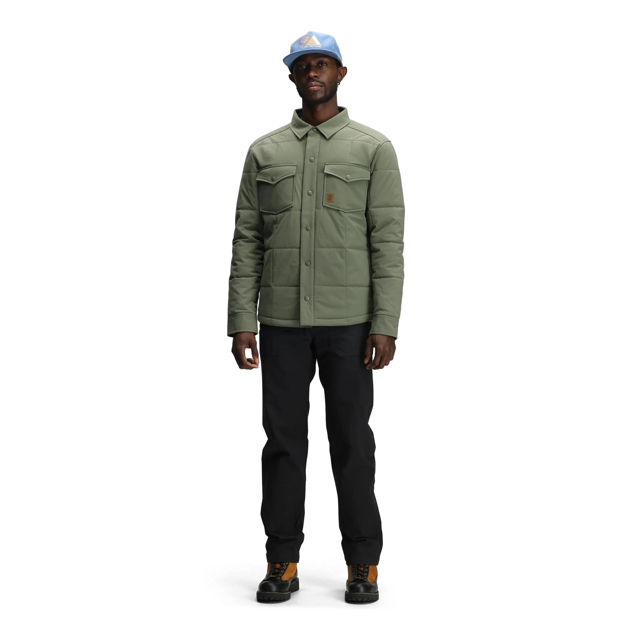 General front model shot of Topo Designs Puffer Shirt Jacket - Men's in "Beetle"