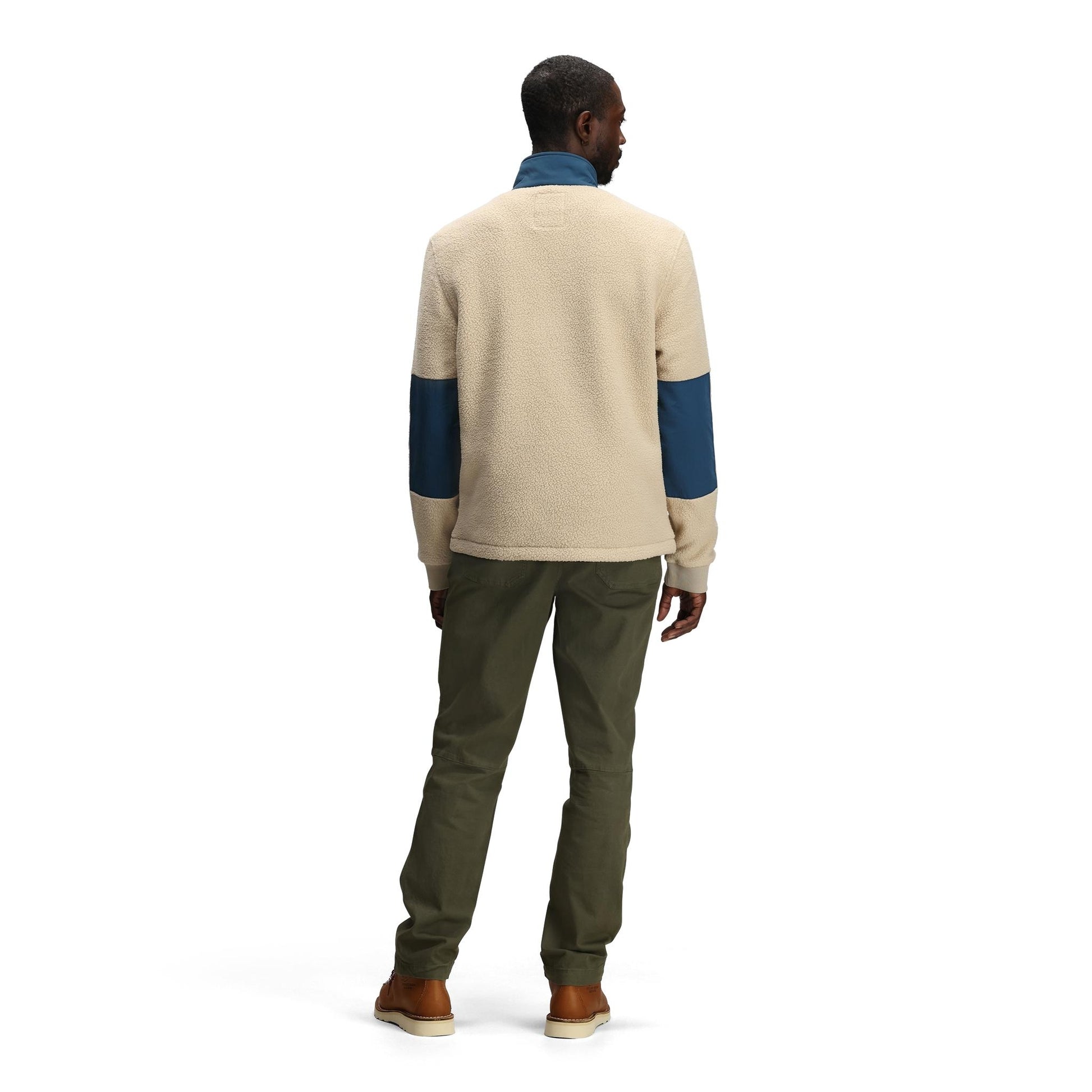 General Back model shot of Topo Designs Summit Rise Full Zip Jacket - Men's in "Oatmeal / Pond Blue"