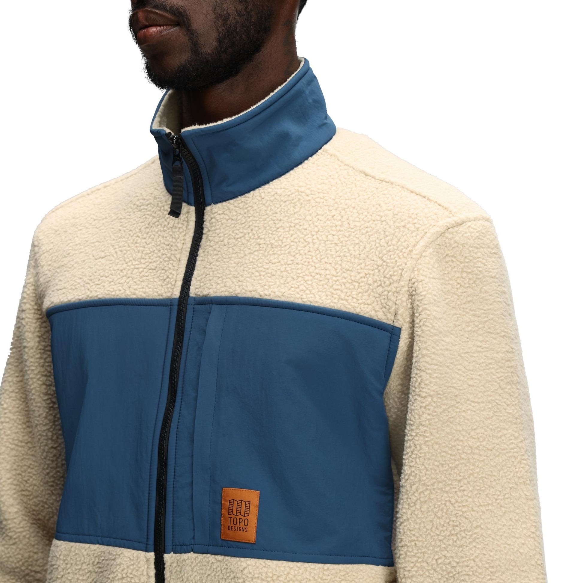 General Detail shot of Topo Designs Summit Rise Full Zip Jacket - Men's in "Oatmeal / Pond Blue"