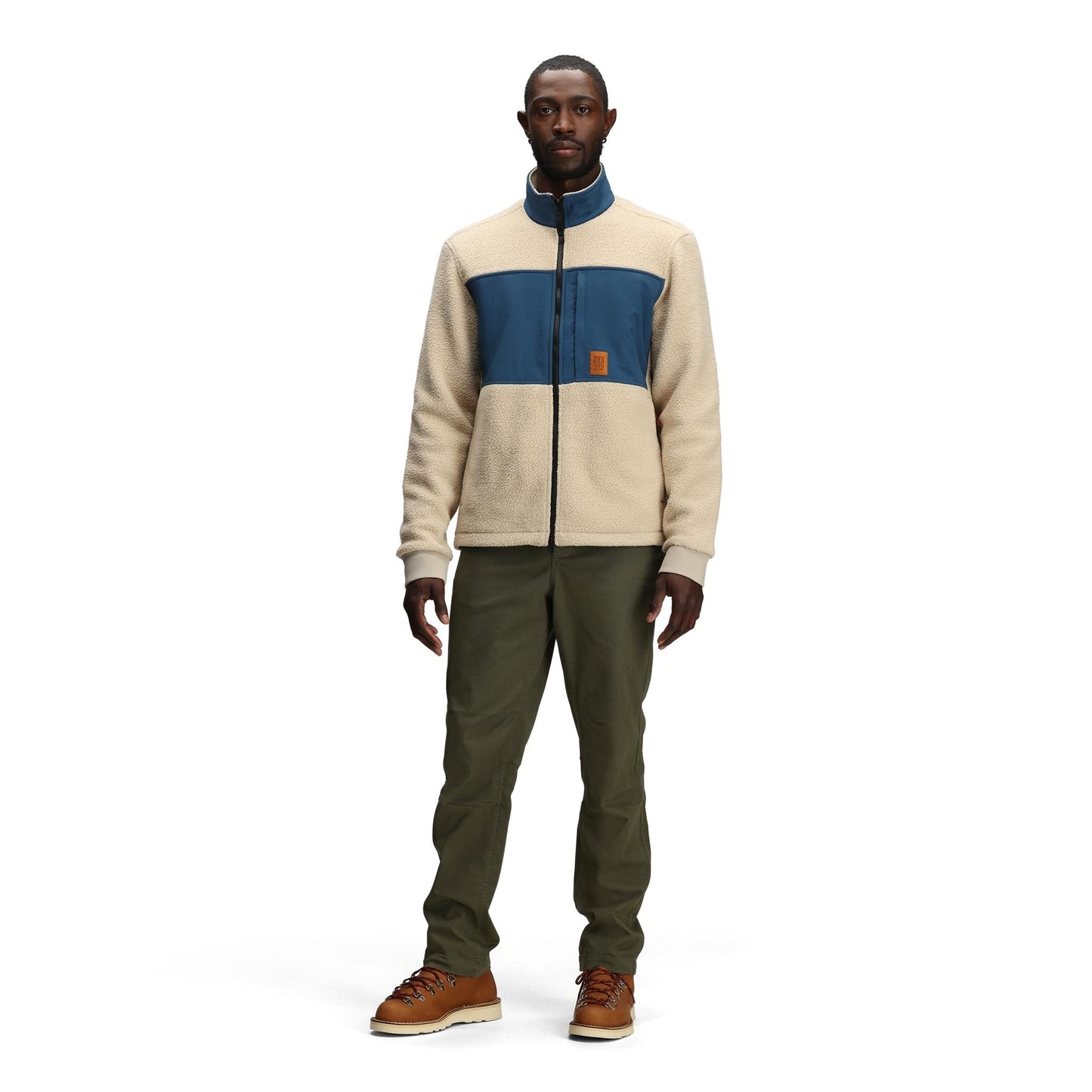 General Front model shot of Topo Designs Summit Rise Full Zip Jacket - Men's in "Oatmeal / Pond Blue"