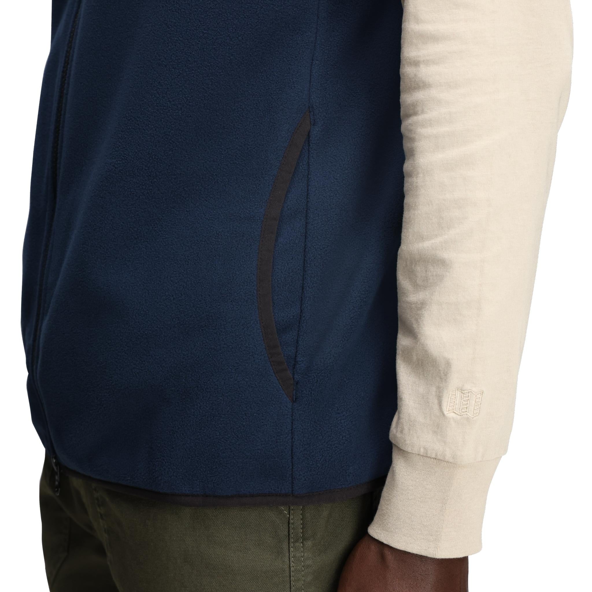 General Detail shot of Topo Designs Vista Lightweight Fleece Vest - Men's in "Midnight / Desert Palm"