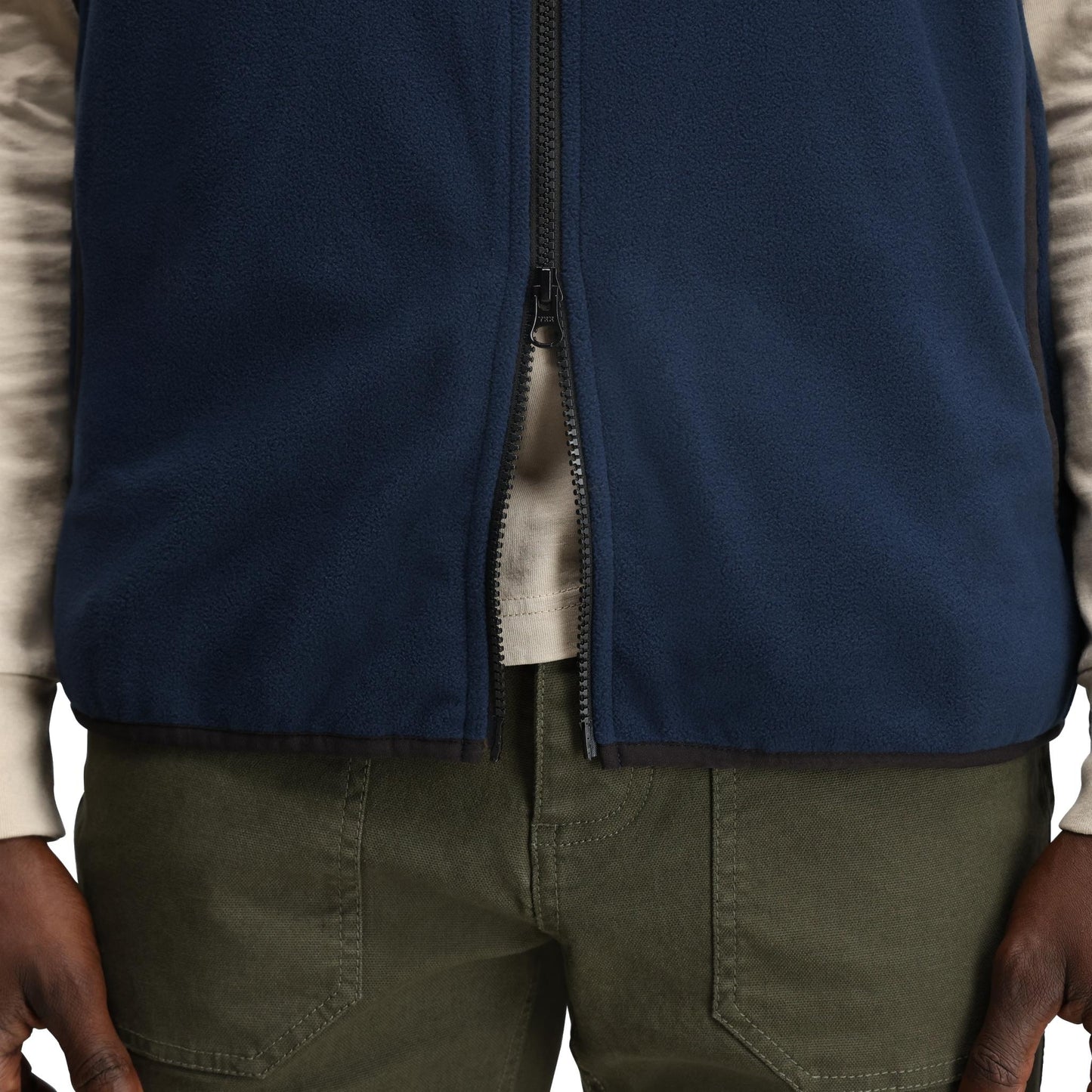 General Detail shot of Topo Designs Vista Lightweight Fleece Vest - Men's in "Midnight / Desert Palm"