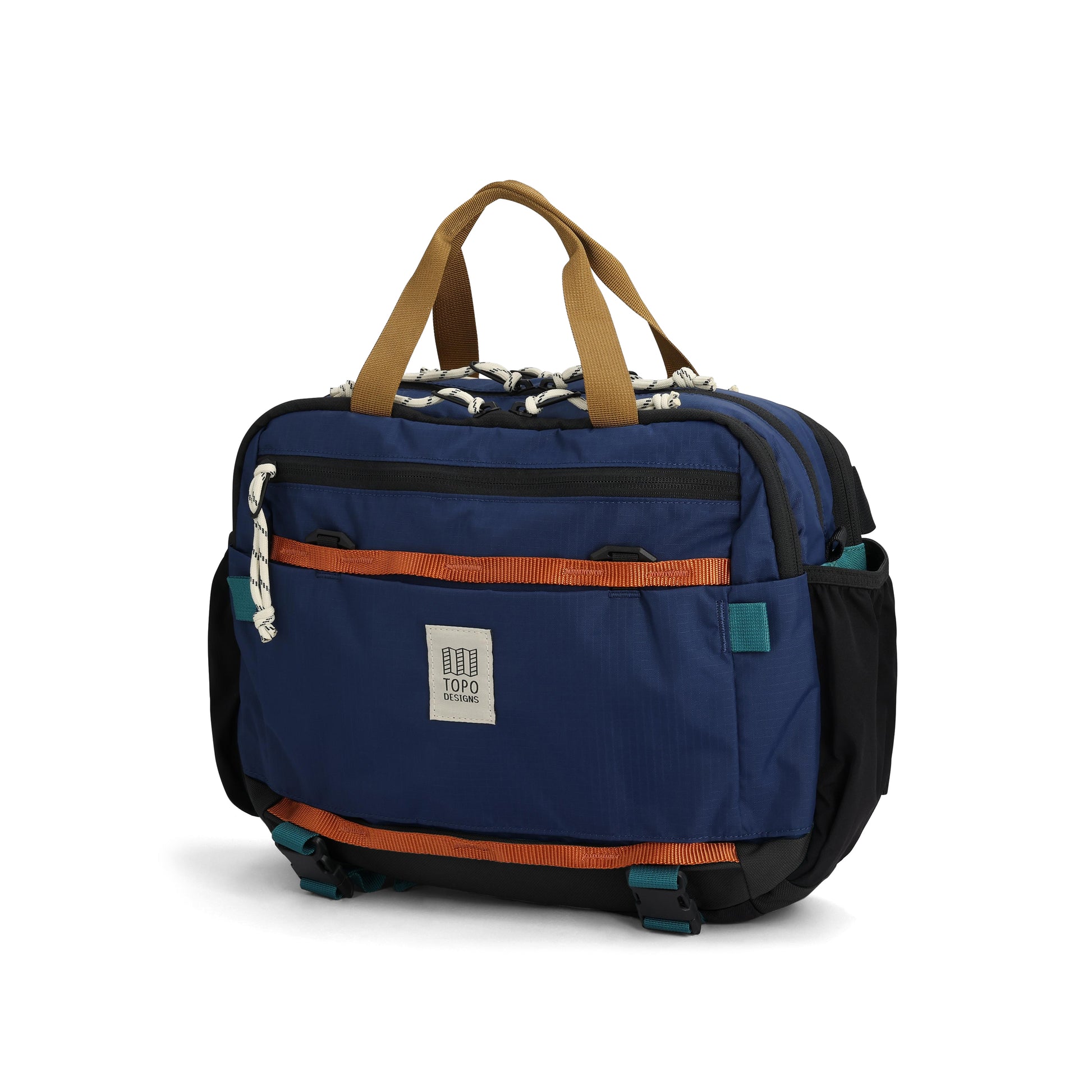 Front View of Topo Designs Mountain Cross Bag in "Midnight / Caribbean"