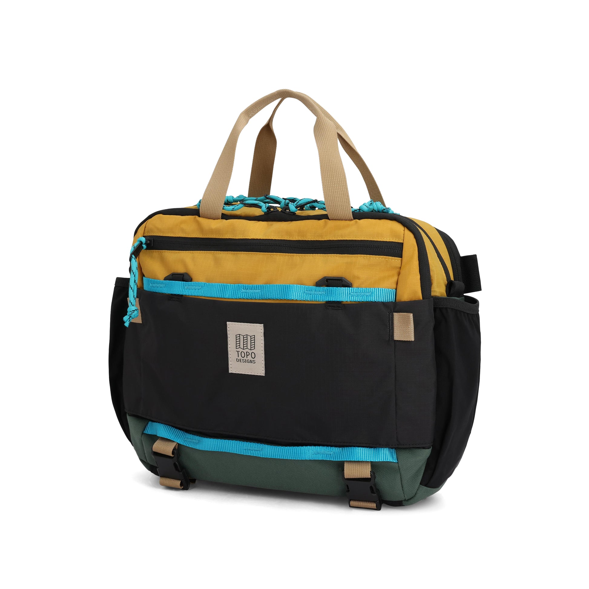 Front View of Topo Designs Mountain Cross Bag in "Mustard / Forest"