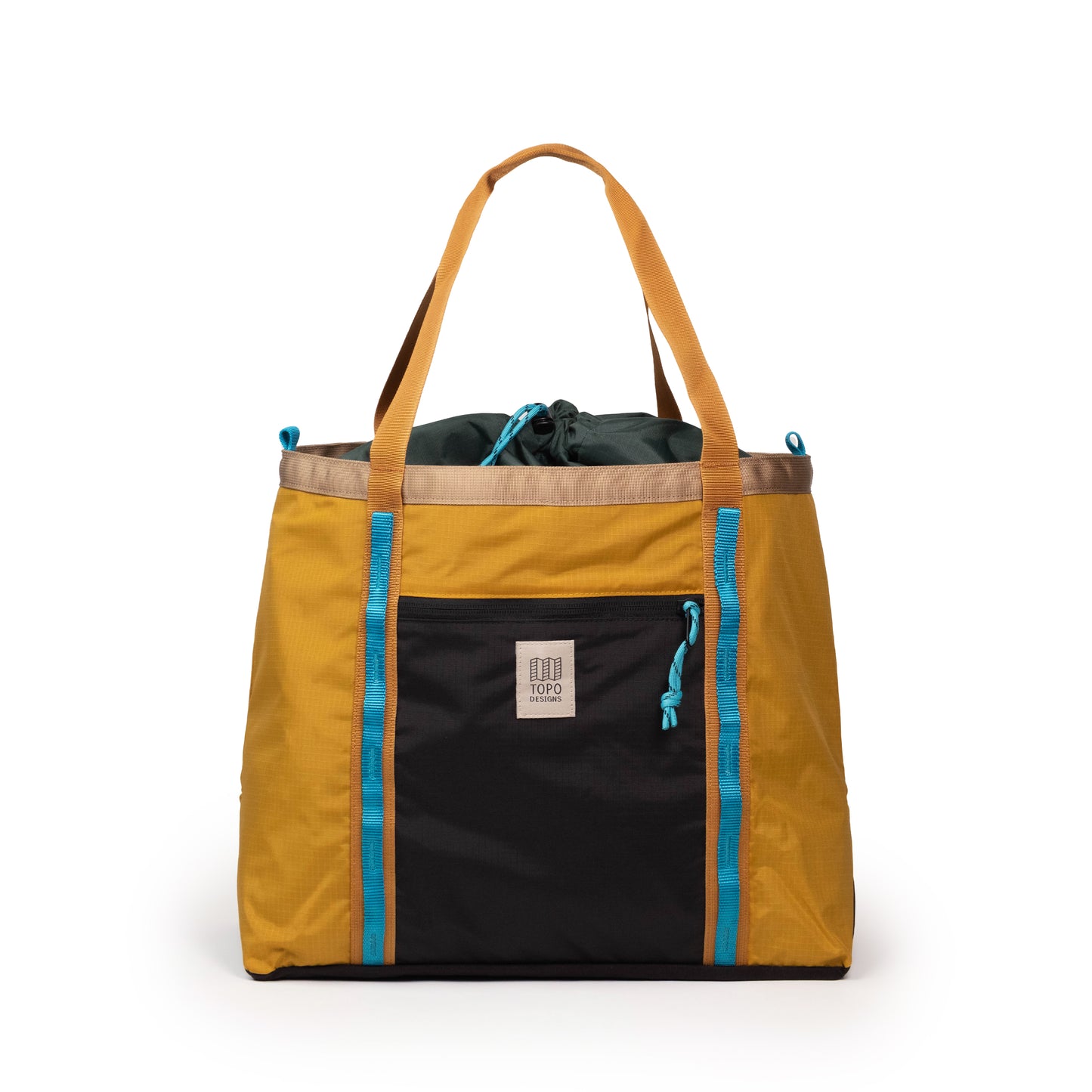 Front View of Topo Designs Mountain Utility Tote in "Mustard / Forest"