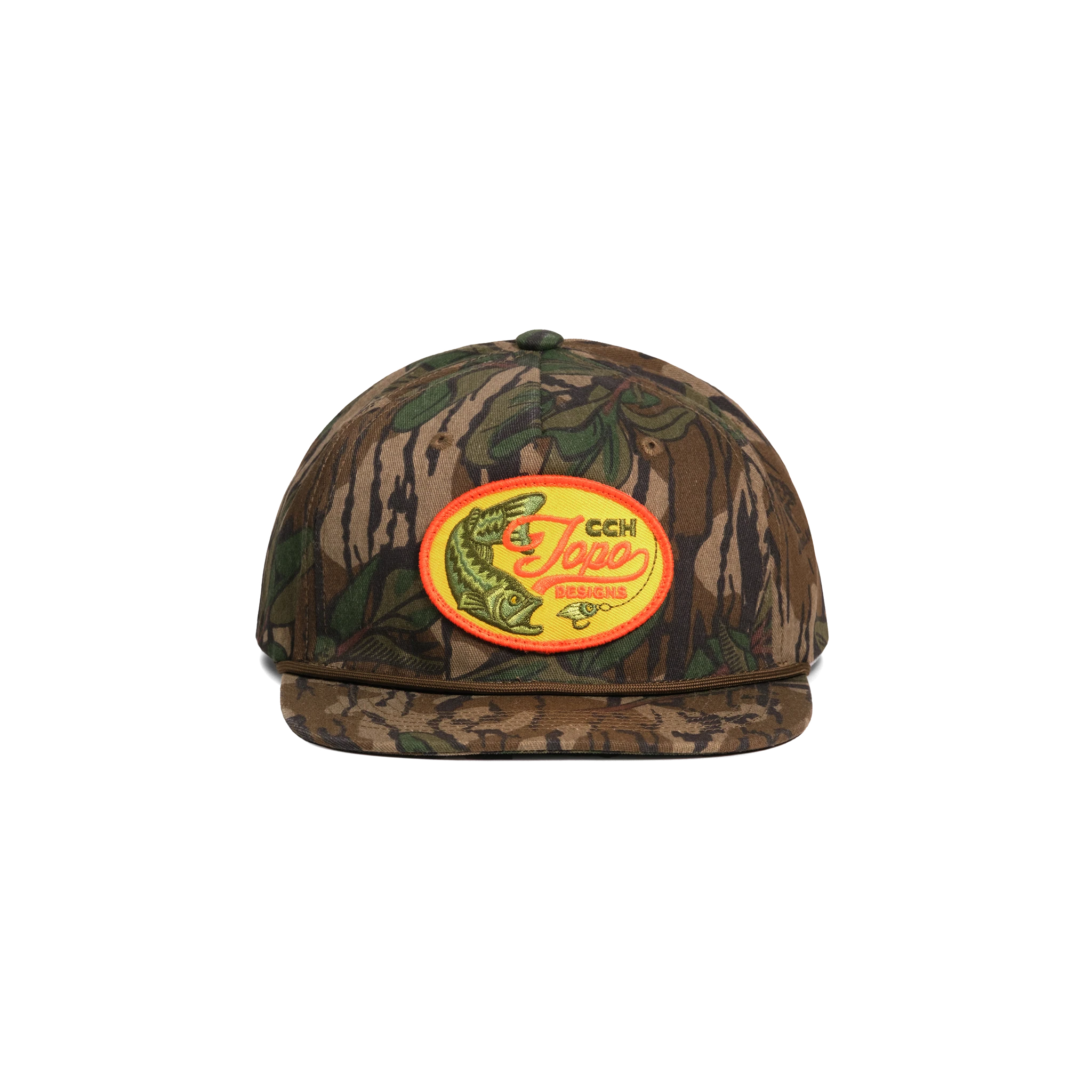 Front shot of Topo Designs x CCH x Pine Printshop Rope Cap in "Mossy Oak Greenleaf"
