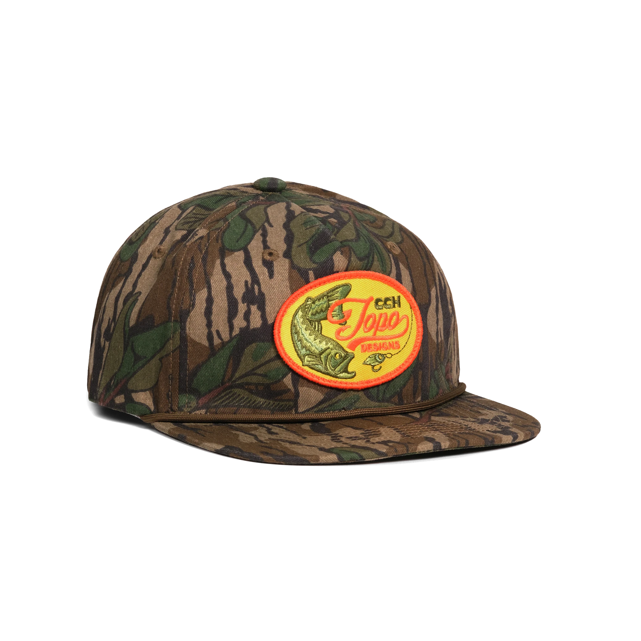Front quarter shot of Topo Designs x CCH x Pine Printshop Rope Cap in "Mossy Oak Greenleaf"