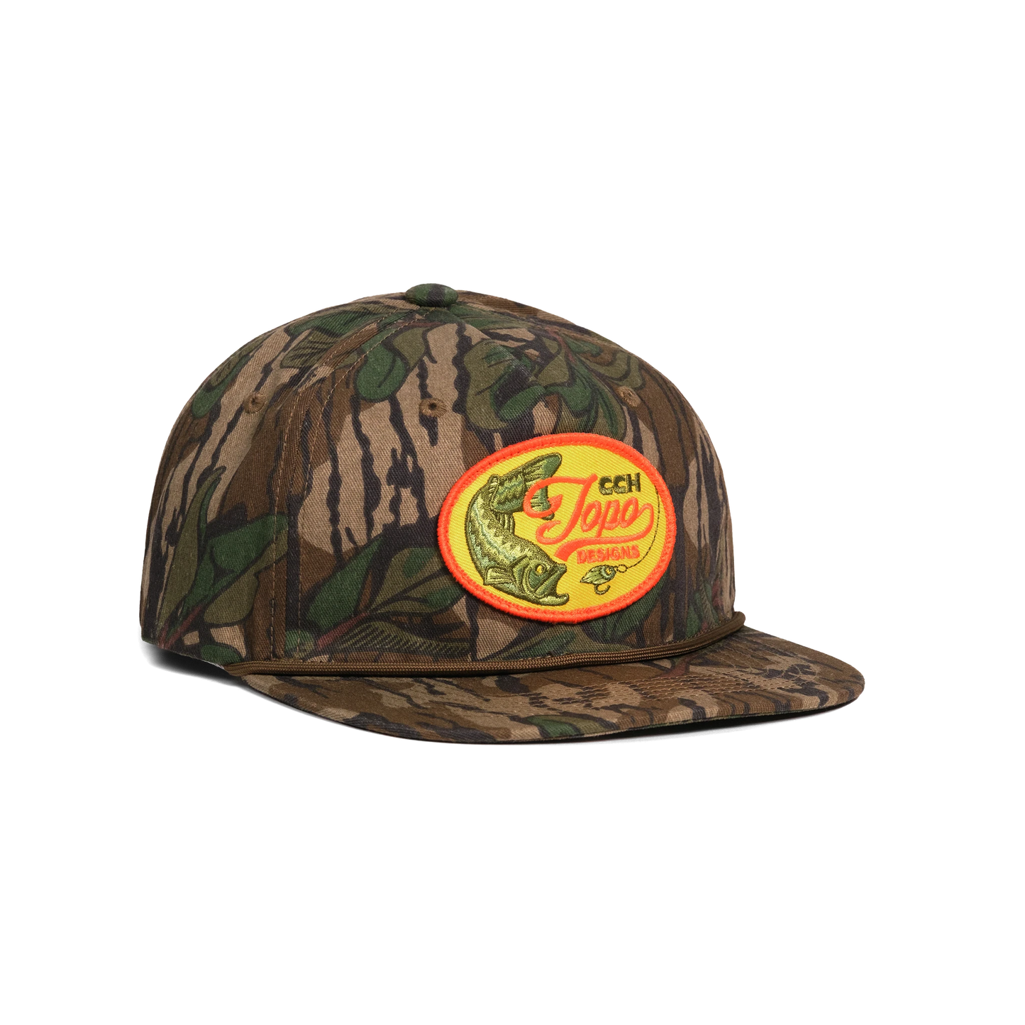 Front quarter shot of Topo Designs x CCH x Pine Printshop Rope Cap in "Mossy Oak Greenleaf"