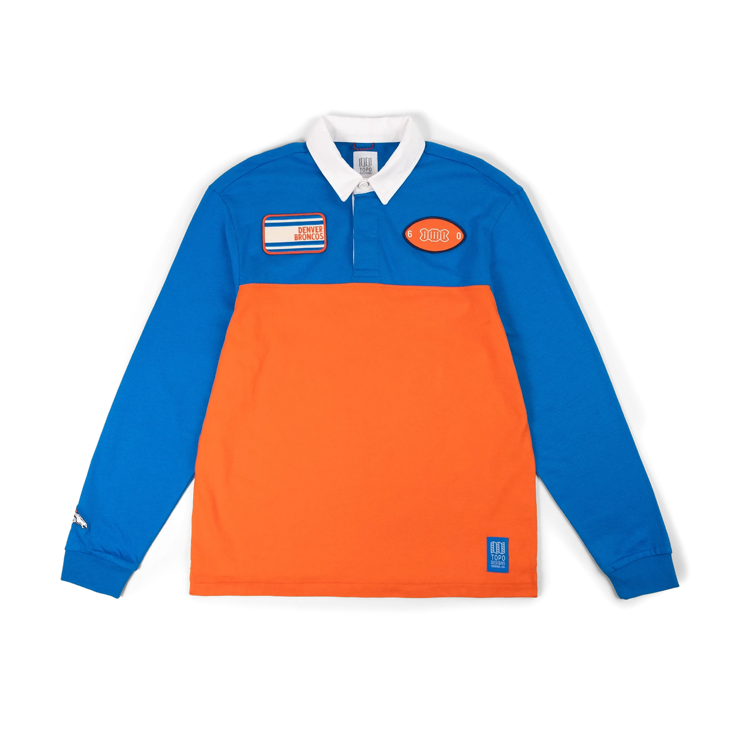 Product image of Topo Designs x Denver Broncos Rugby Shirt in "Directoire Blue / Scarlet Ibis"