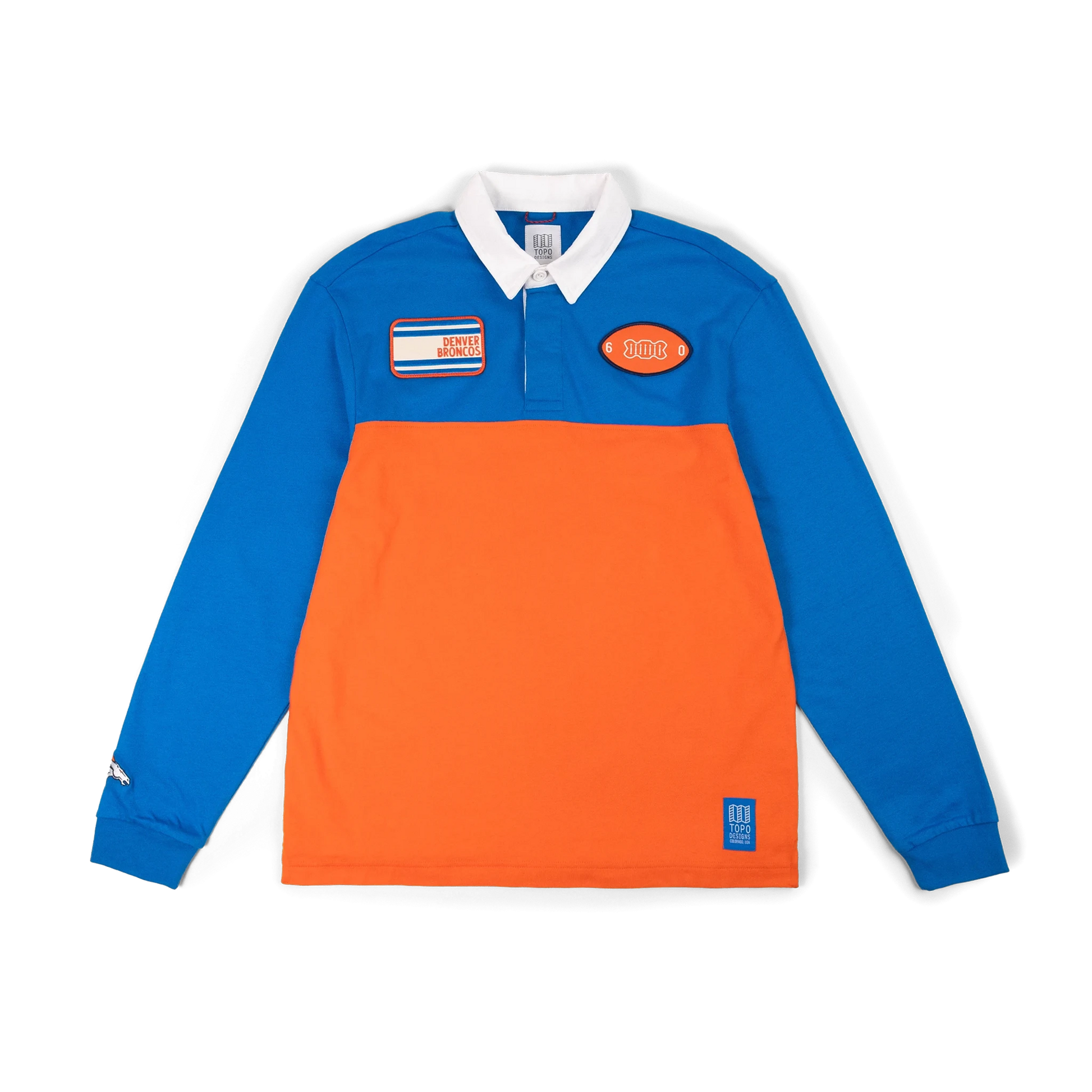 Product image of Topo Designs x Denver Broncos Rugby Shirt in "Directoire Blue / Scarlet Ibis"