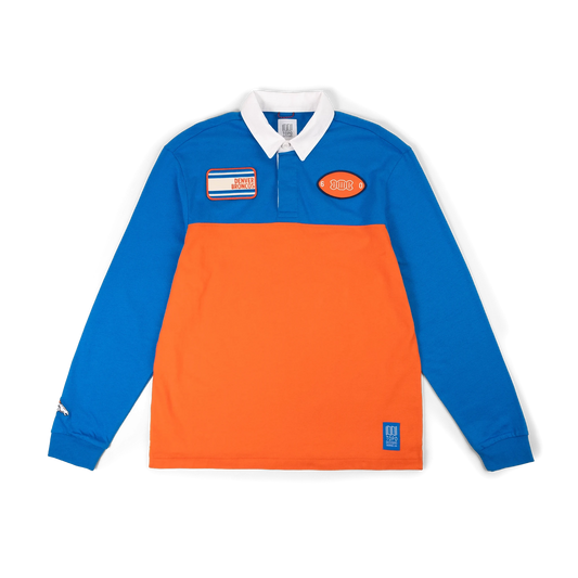 Product image of Topo Designs x Denver Broncos Rugby Shirt in "Directoire Blue / Scarlet Ibis"