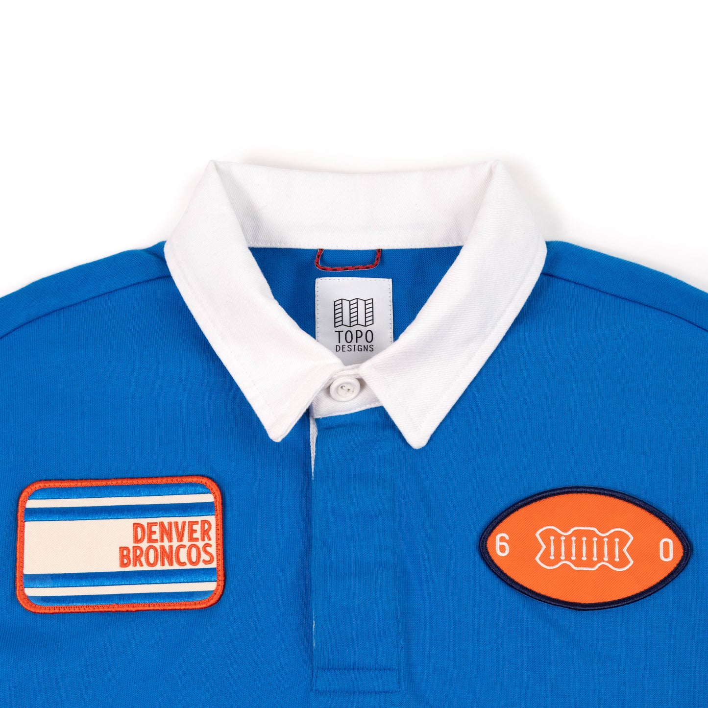 Product detail image of Topo Designs x Denver Broncos Rugby Shirt in "Directoire Blue / Scarlet Ibis"