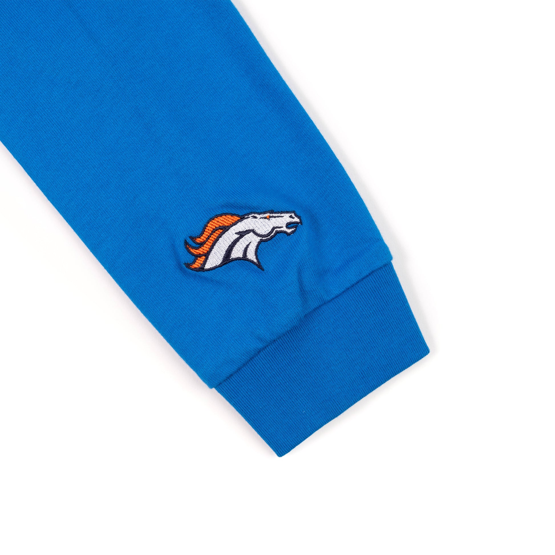 Product detail image of Topo Designs x Denver Broncos Rugby Shirt in "Directoire Blue / Scarlet Ibis"