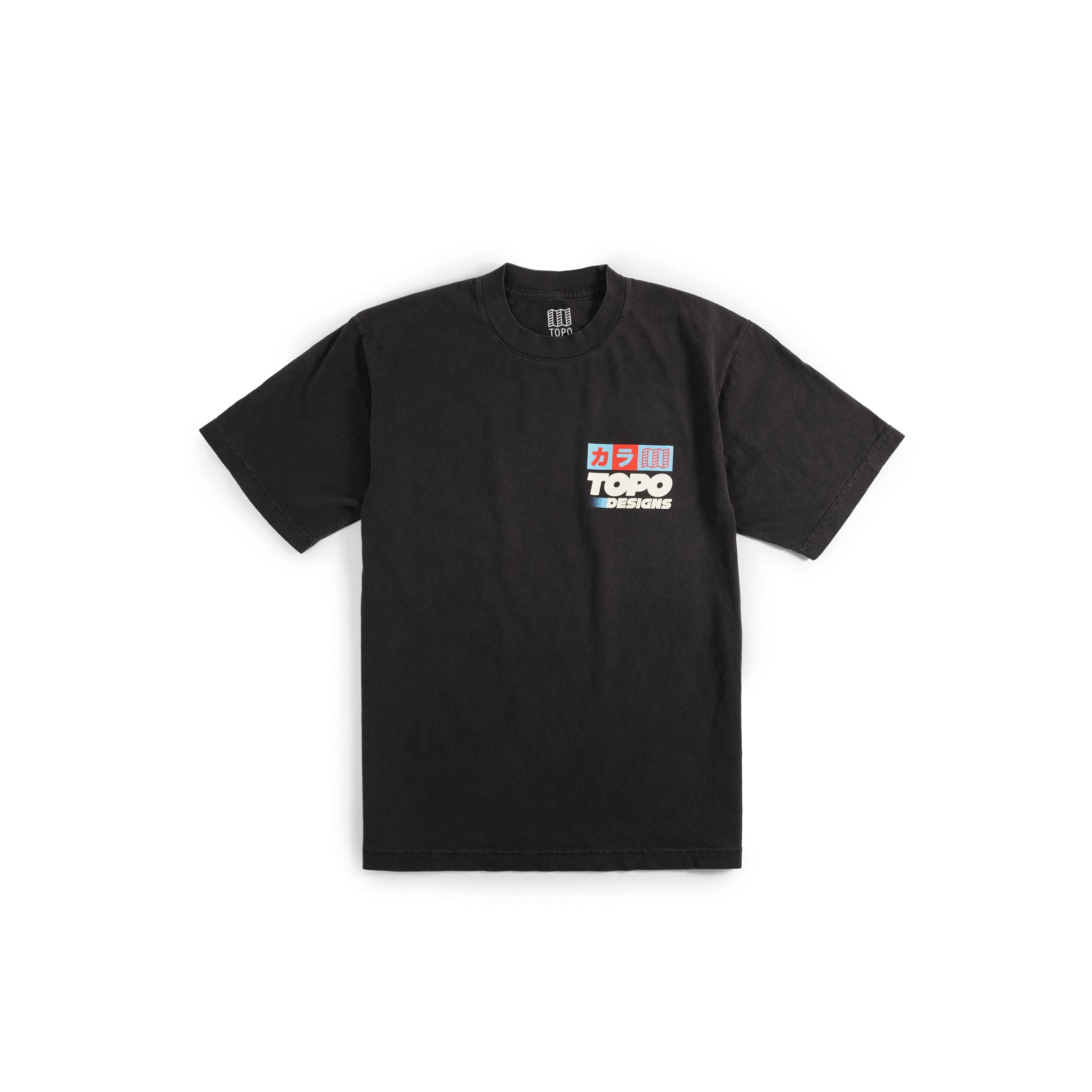 Front View of Topo Designs x Pine Printshop Masu Tee in "Vintage Black"