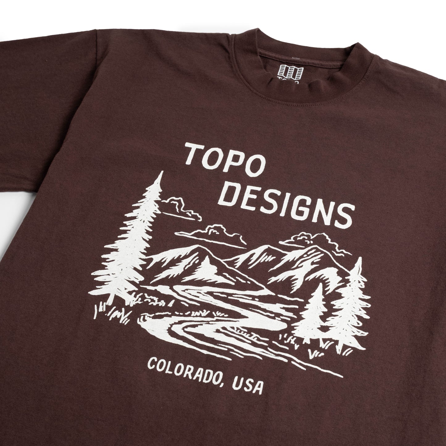 Pine Printshop x Topo Designs Mountain Doodle Tee in "Chocolate" flat lay