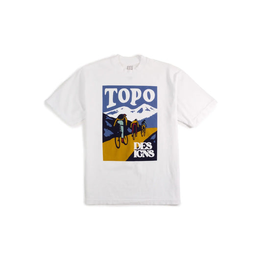 Front View of Topo Designs x Pine Printshop Ride Tee in "White"