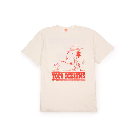 Front View of Topo Designs x TSPTR Being Outside Tee in "Vintage White" with red screenprint