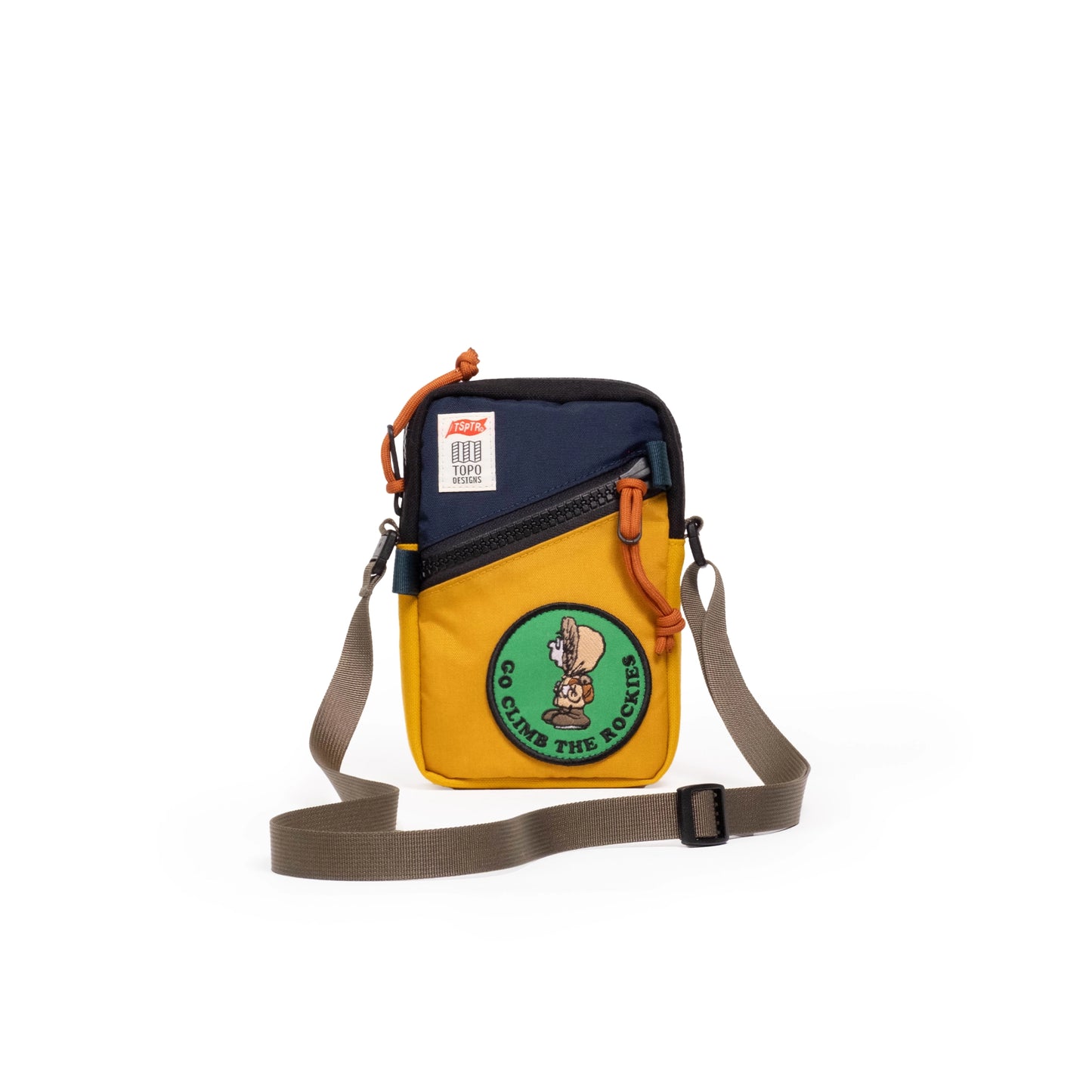 Front View of Patch Detail of Topo Designs x TSPTR Mini Shoulder Bag in "Navy / Mustard"