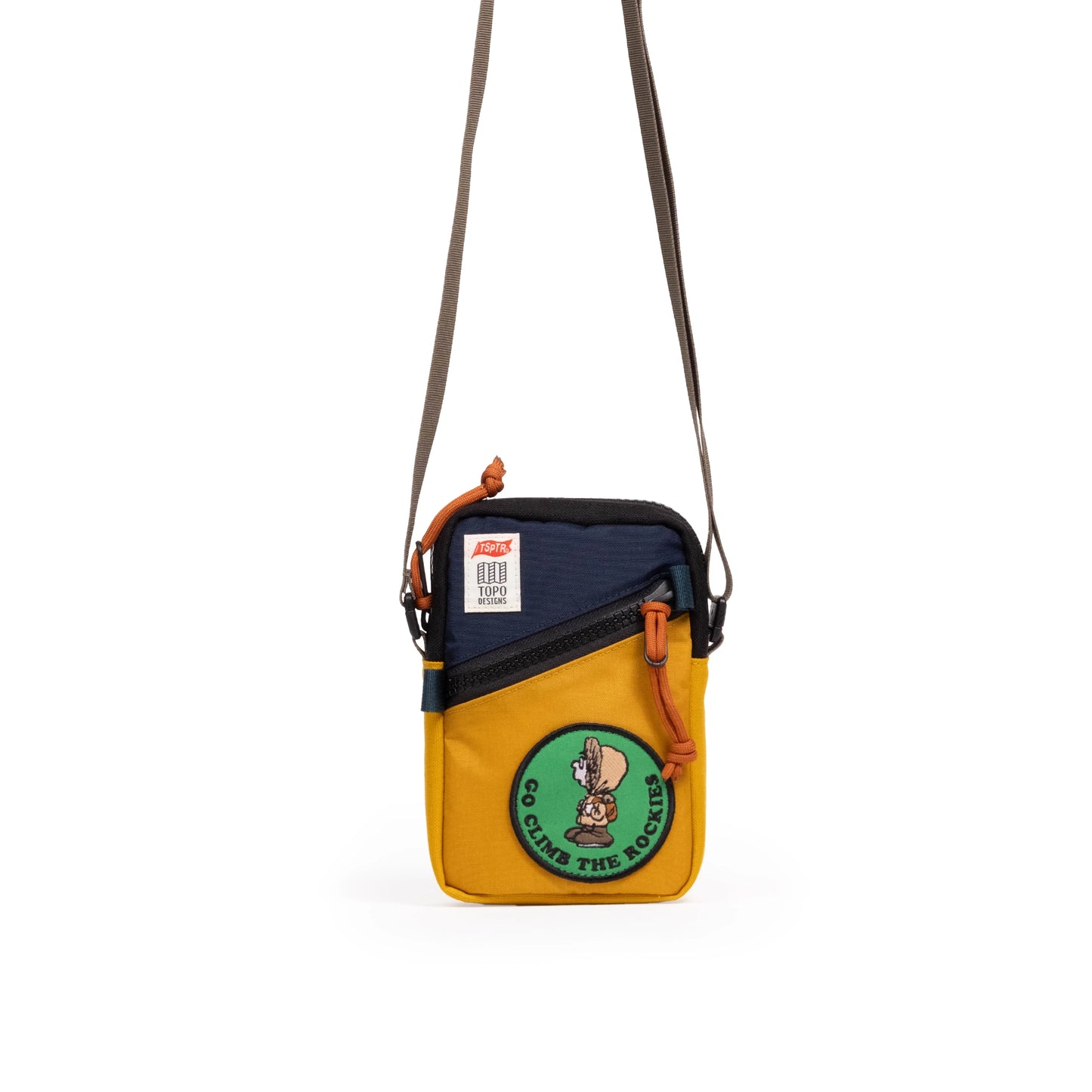 Front view of Topo Designs x TSPTR Mini Shoulder Bag in "Navy / Mustard"