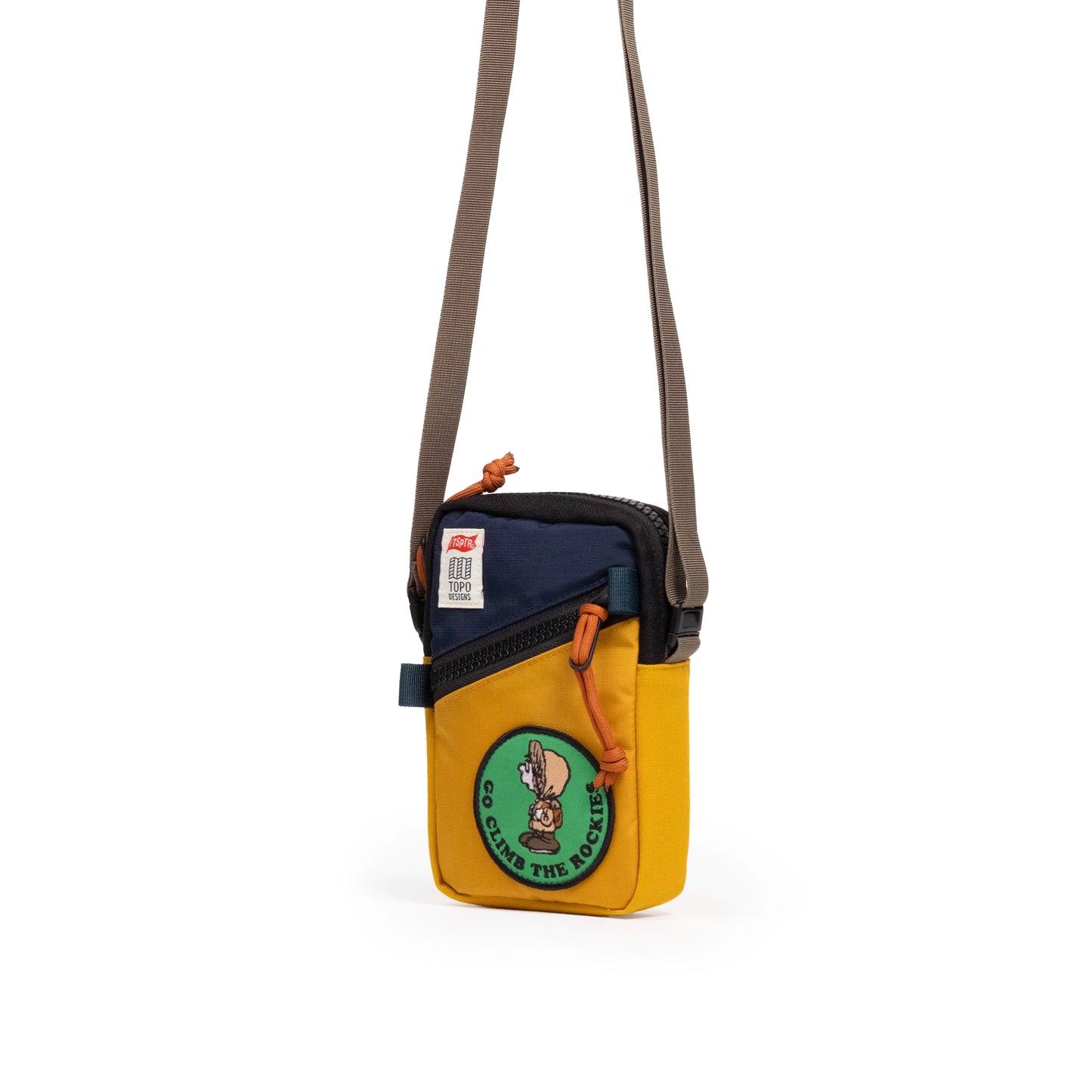 Quarter view of Topo Designs x TSPTR Mini Shoulder Bag in "Navy / Mustard"