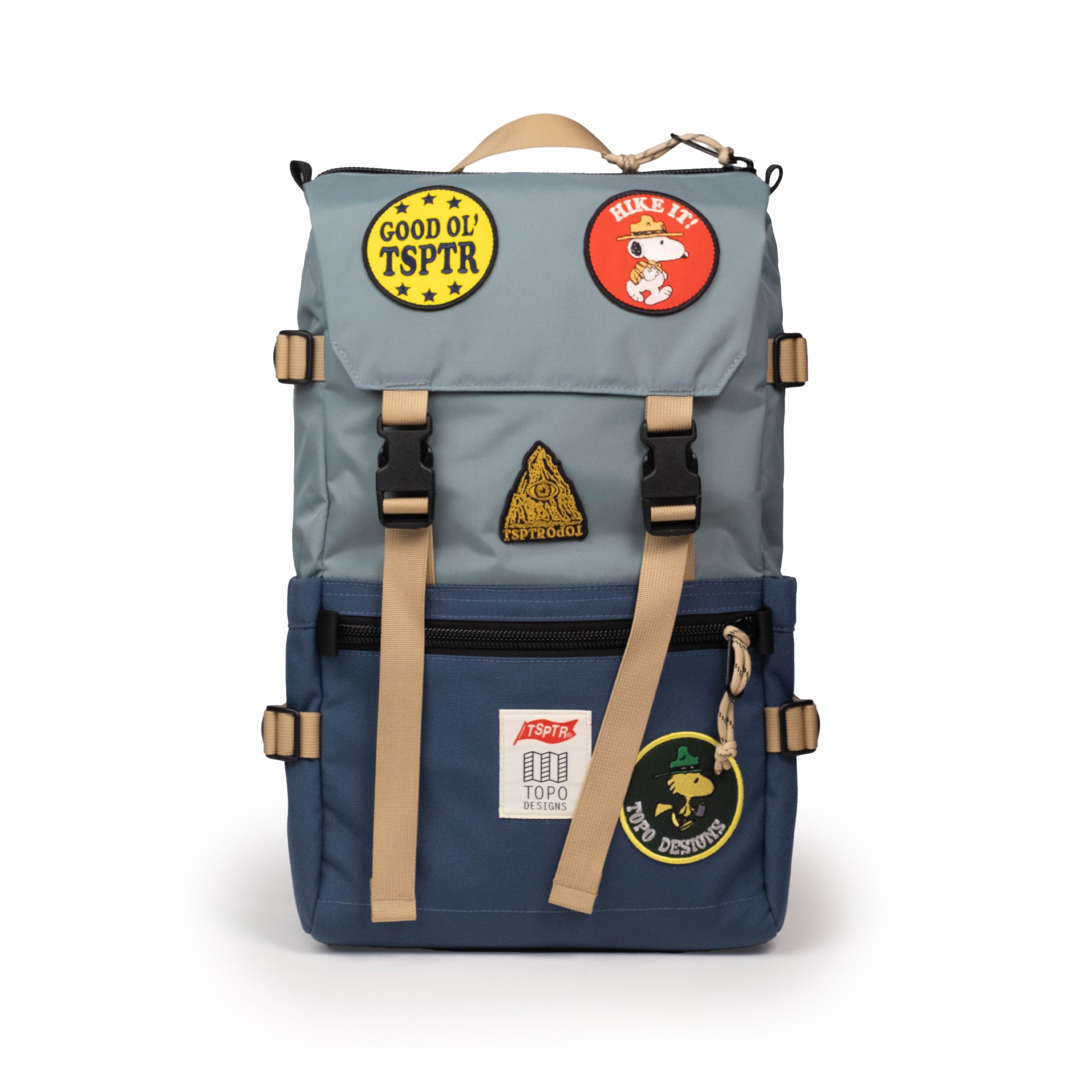 Front View of Topo Designs x TSPTR Rover Pack Classic in "Slate Blue / Dark Denim" showing front patch detail.
