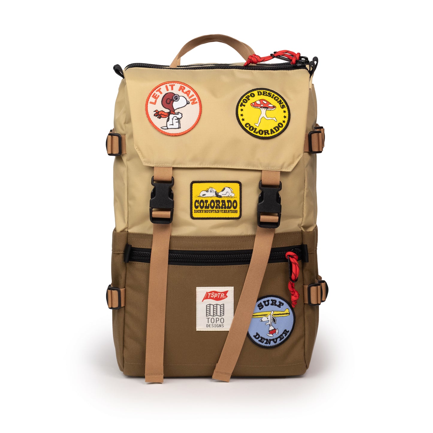 Front View of Topo Designs x TSPTR Rover Pack Classic in "Hemp / Desert Palm" showing front patch detail. 