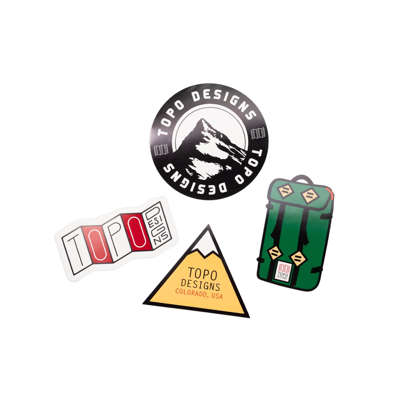 Topo Designs Sticker 4-Pack showing "Mountain Klettersack" variant.