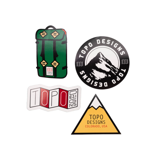 Topo Designs Sticker 4-Pack showing "Mountain Klettersack" variant.