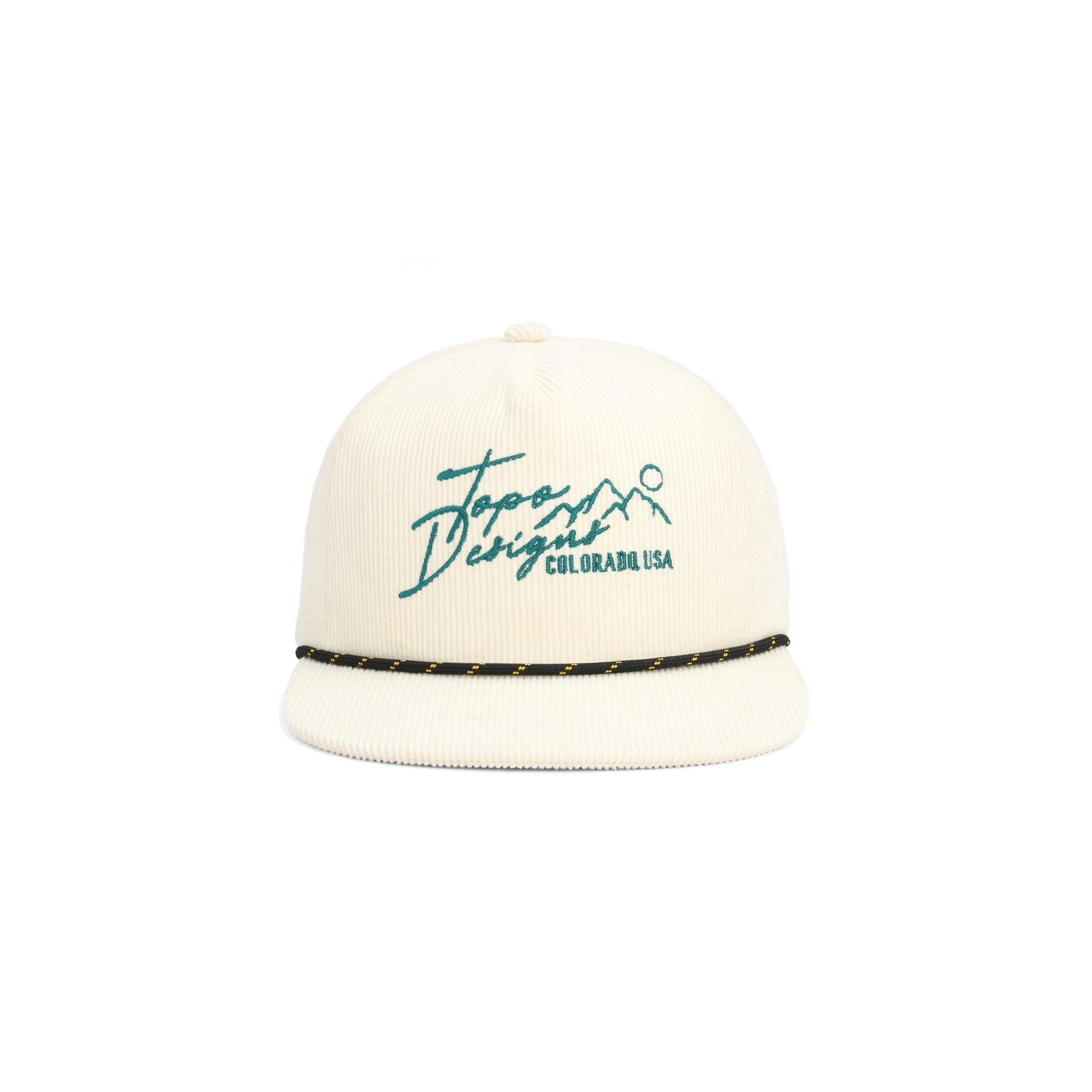 Front View of Topo Designs Corduroy Trucker Hat - Topo Script in "Bone White"