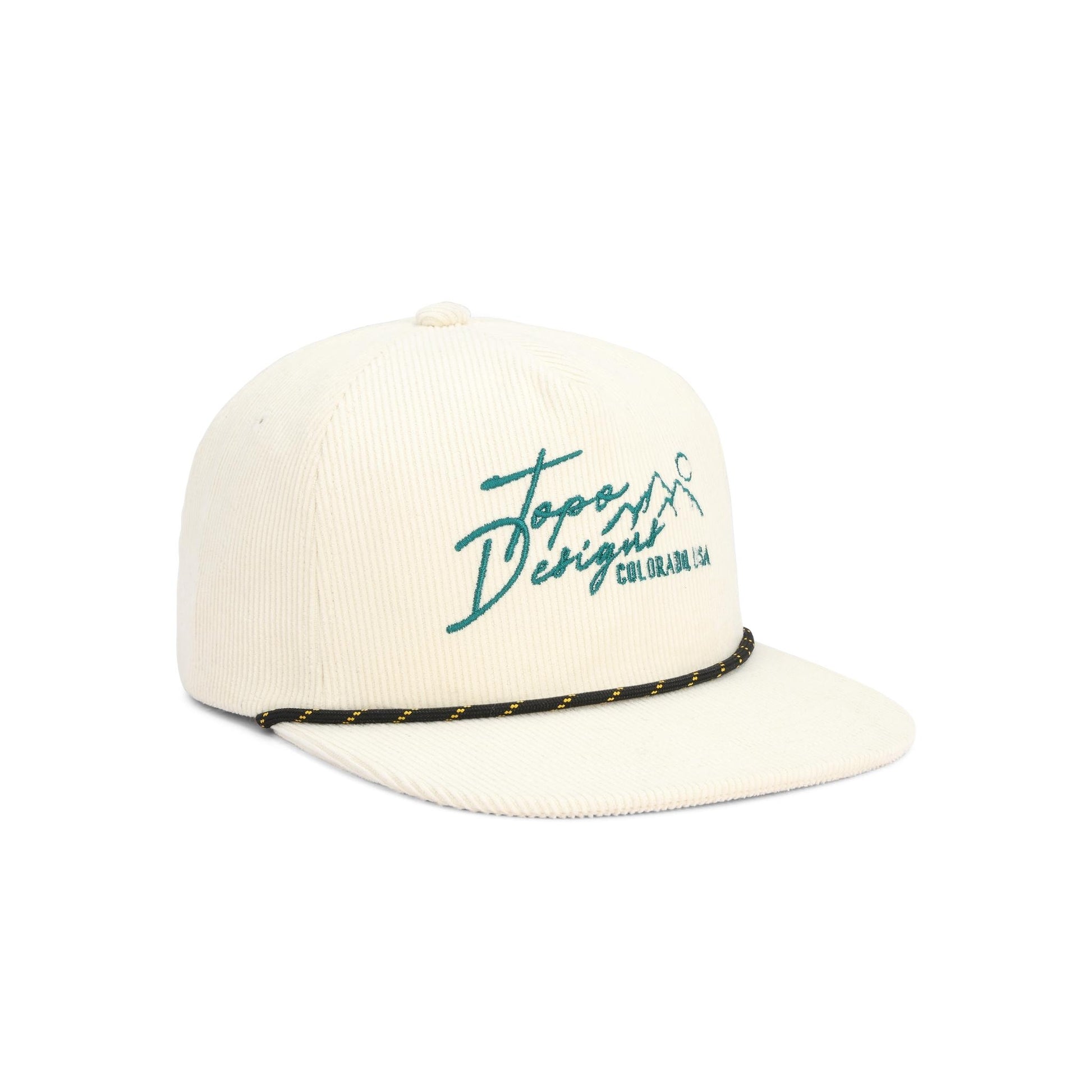 Front View of Topo Designs Corduroy Trucker Hat - Topo Script in "Bone White"