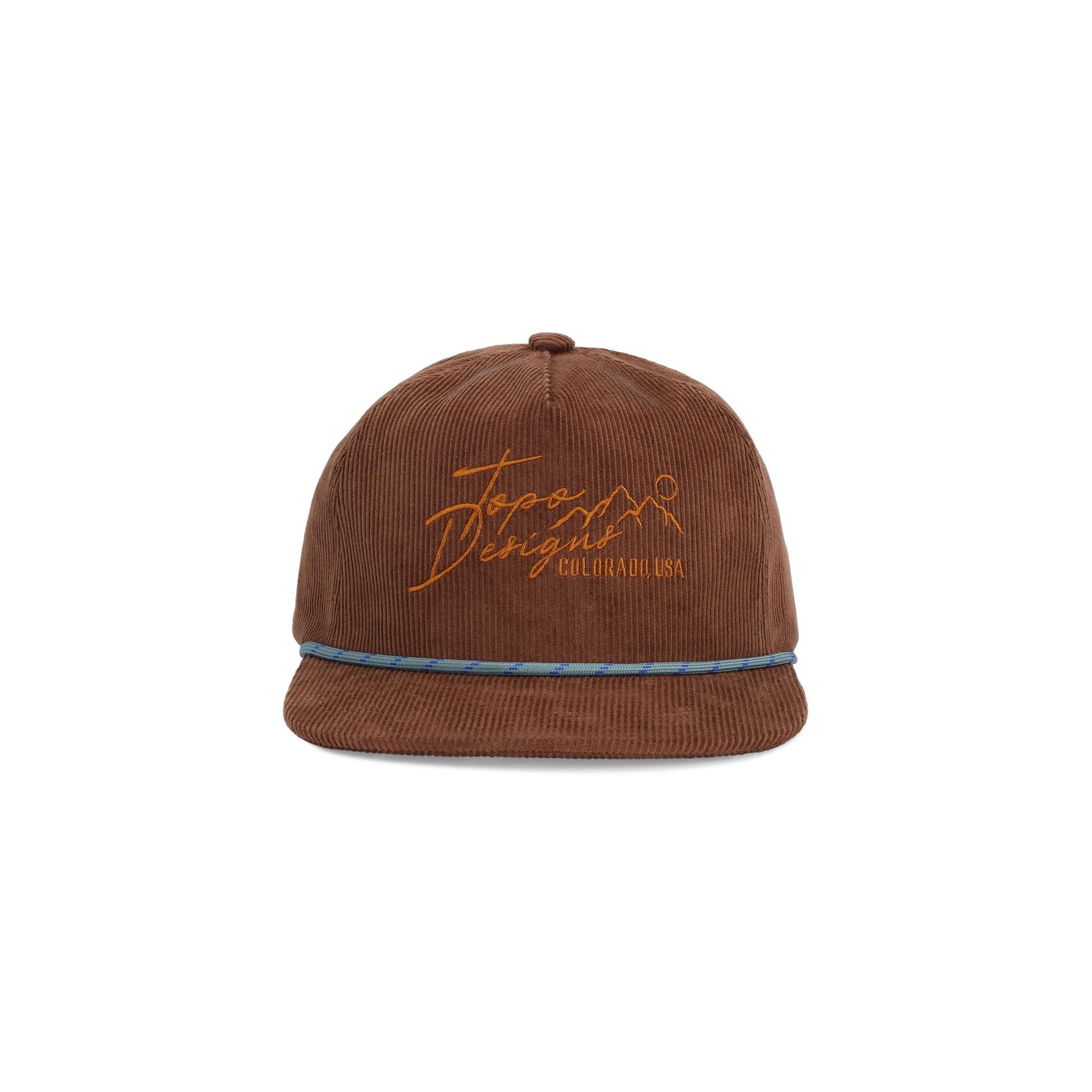 Front View of Topo Designs Corduroy Trucker Hat - Topo Script in "Desert Palm"