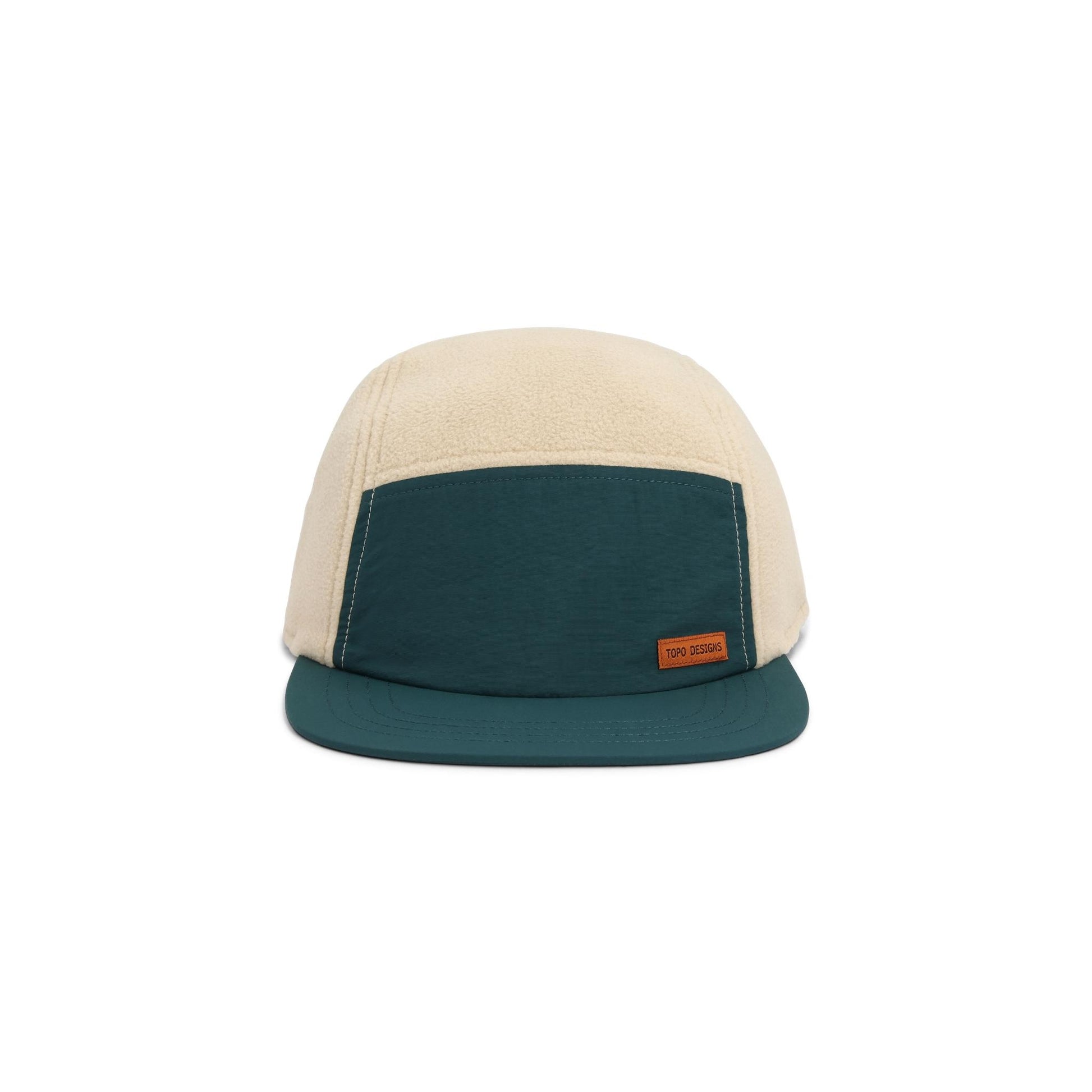 Front View of Topo Designs Full Dome Fleece Cap in "Oatmeal / Pond Blue"