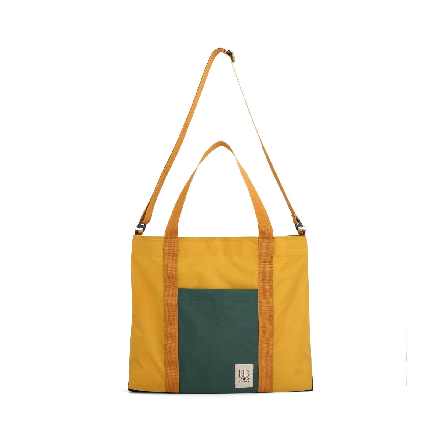 Front View of Topo Designs Mountain Essential Tote in "Mustard / Forest" with strap