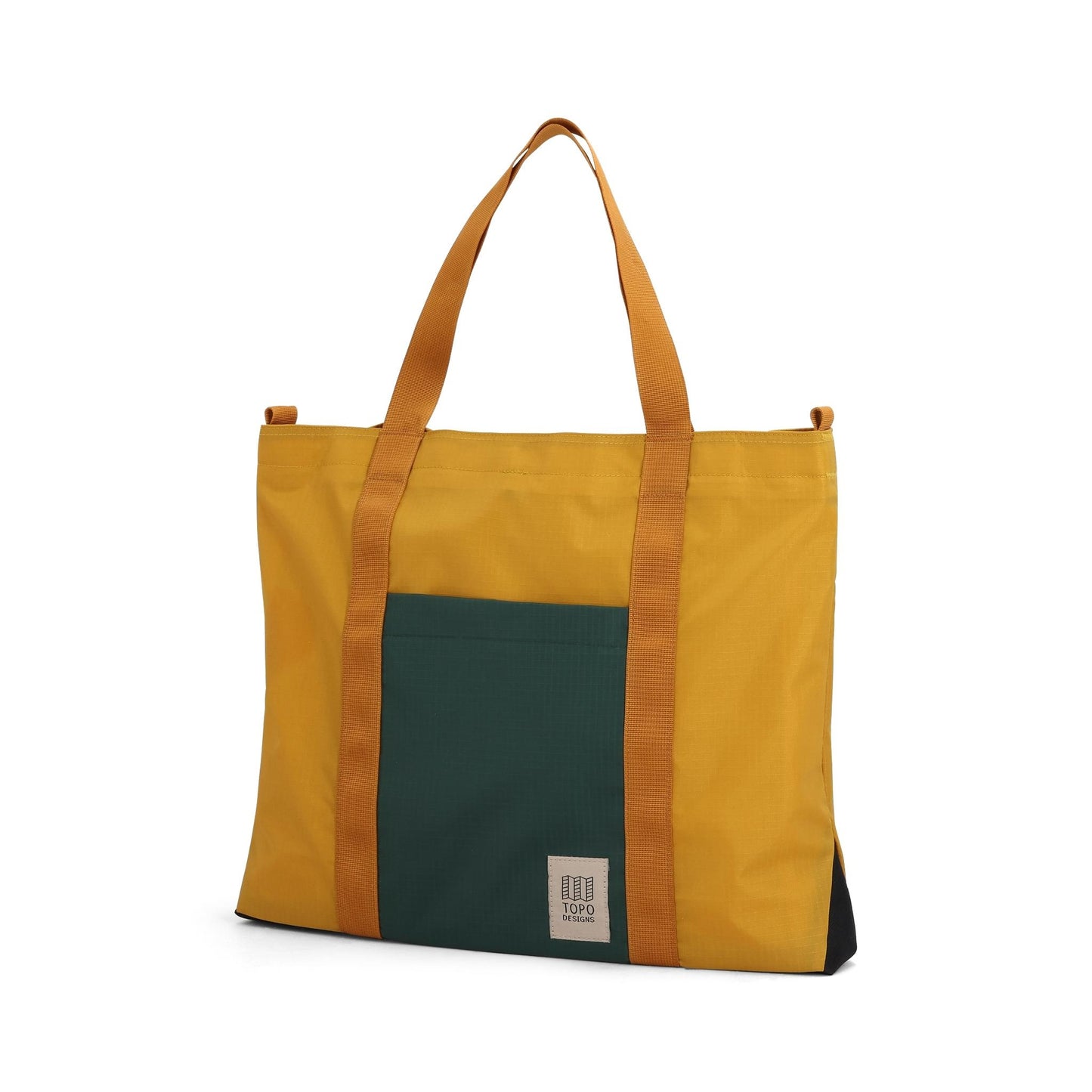 Front View of Topo Designs Mountain Essential Tote in "Mustard / Forest"